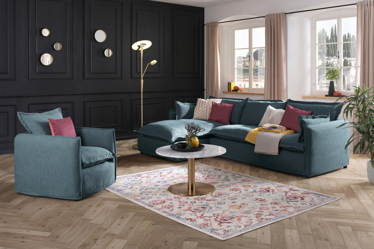 HUSSEN-ECKSOFA in Flachgewebe, Bouclé Blau  - Blau/Schwarz, Trend, Textil/Metall (165/295cm) - Livetastic