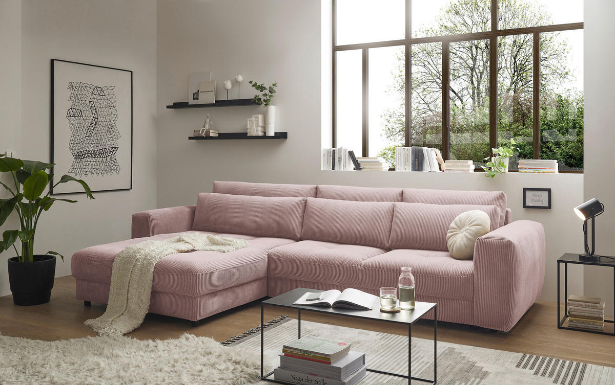 ECKSOFA in Cord Hellrosa  - Hellrosa/Schwarz, Konventionell, Holzwerkstoff/Kunststoff (194/333cm) - MID.YOU