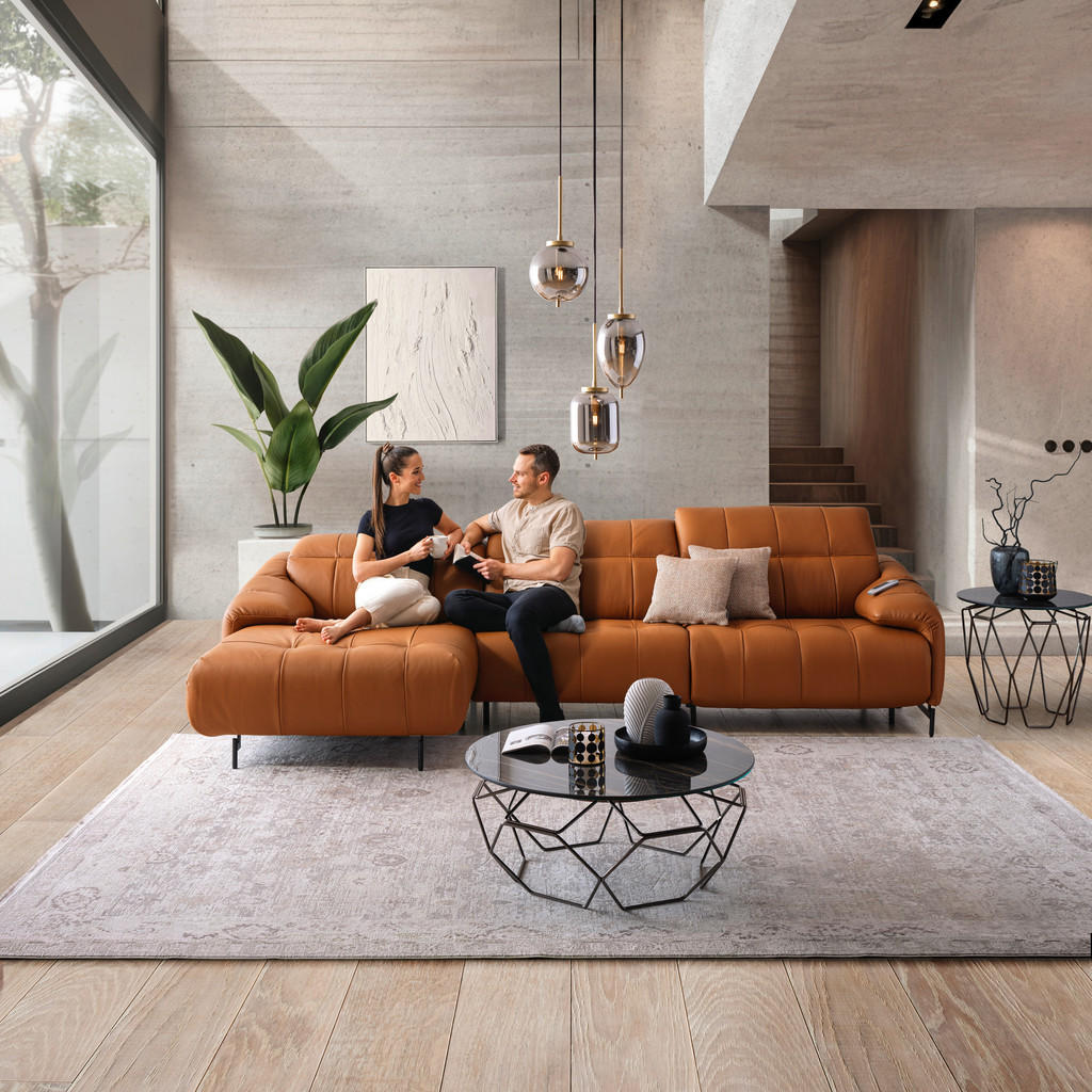 Thumbnail - Emilio Belluti Ecksofa, Cognac, Leder, Echtleder, Dickleder, 4-Sitzer, Ottomane rechts, L-Form, 313x165 cm, Typenauswahl...