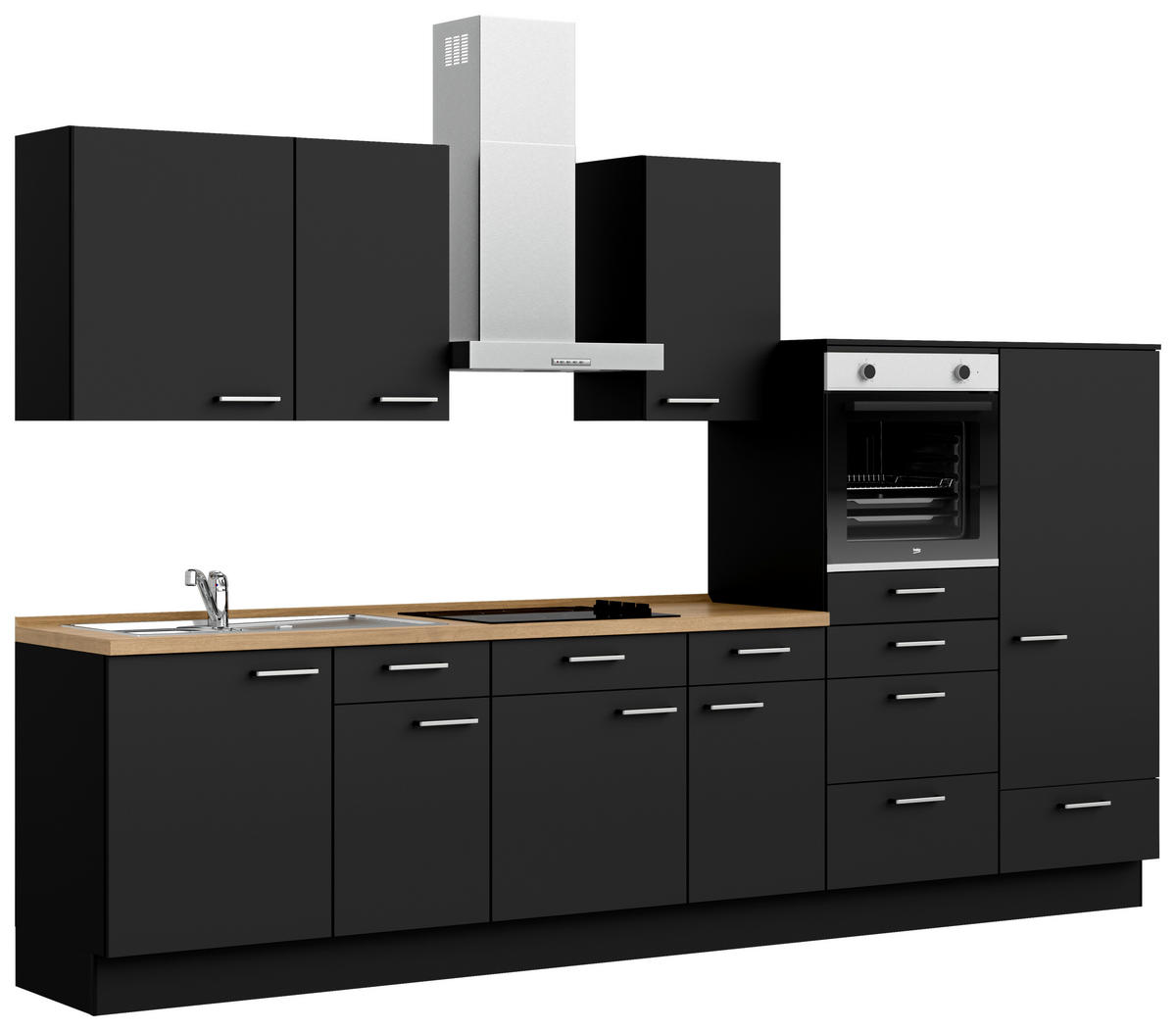 KÜCHENBLOCK 330 cm   in Schwarz, Eichefarben  - Edelstahlfarben/Eichefarben, MODERN, Holzwerkstoff/Metall (330cm) - Nobilia