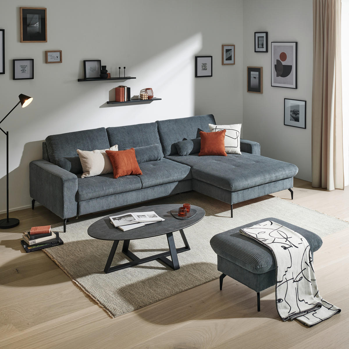 ECKSOFA in Cord Graphitfarben  - Schwarz/Graphitfarben, Design, Textil/Metall (302/180cm) - Venda
