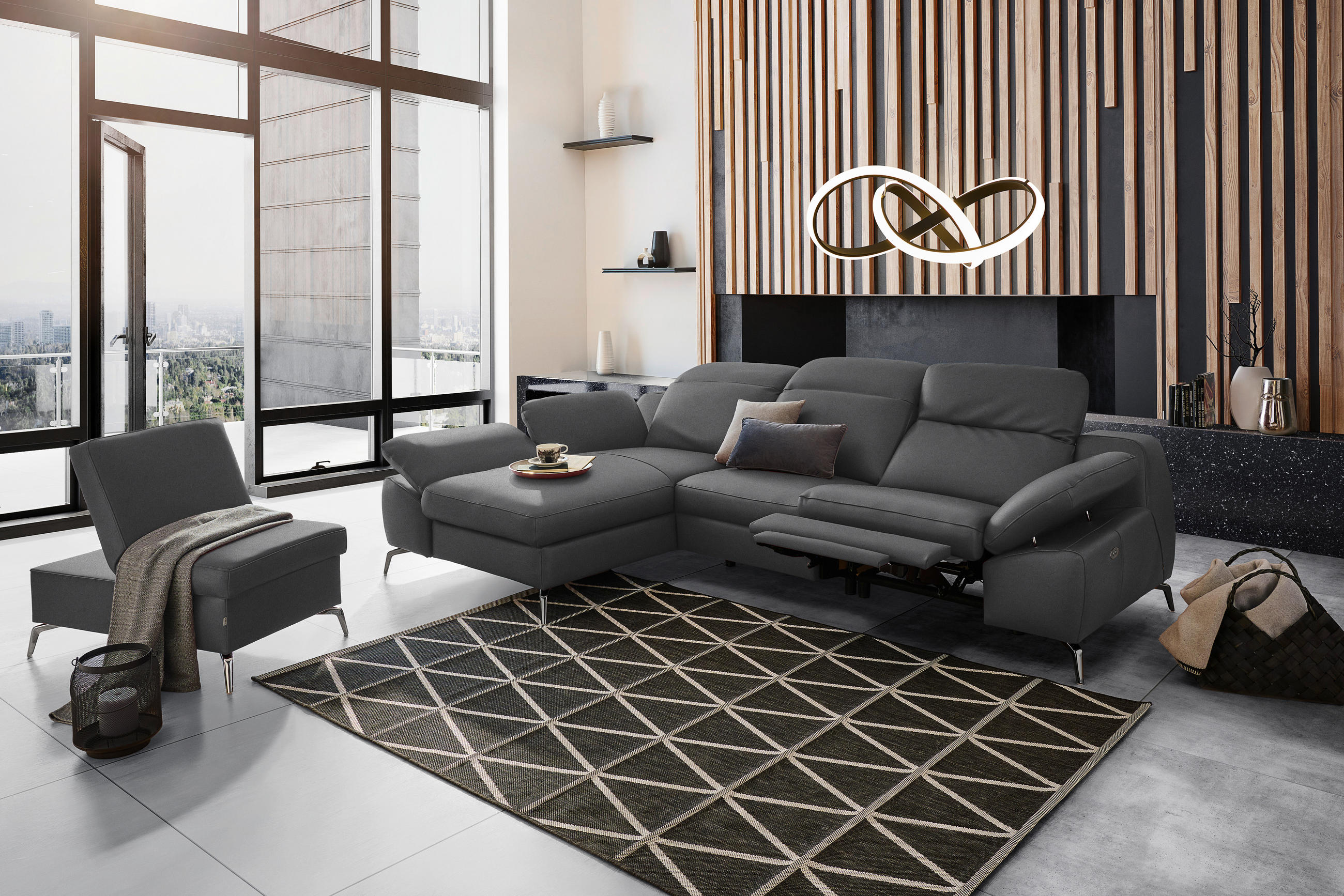 ECKSOFA in Echtleder Anthrazit  183/286 cm  - Anthrazit/Schwarz, Design, Leder/Metall (183/286cm) - Celina Home