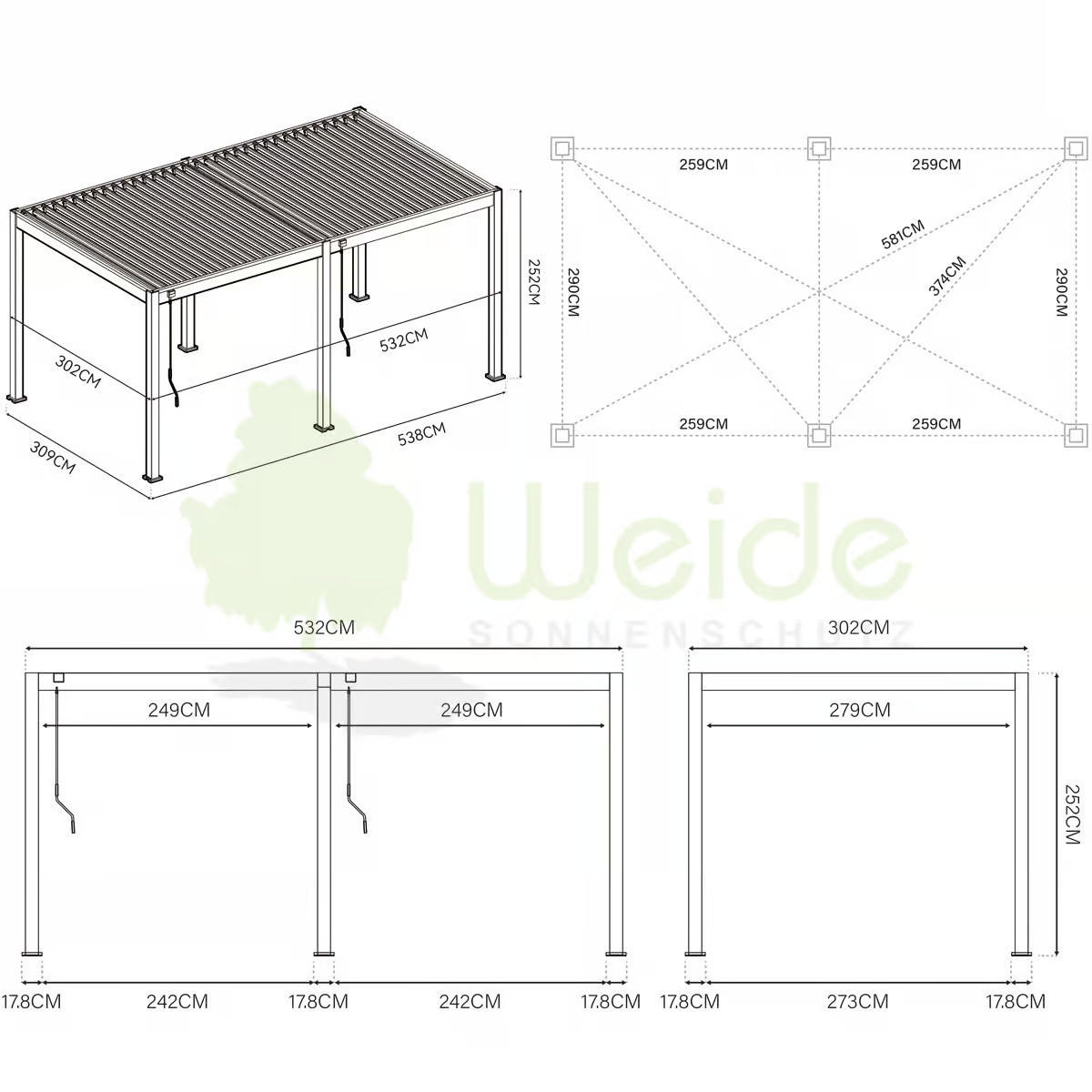 PERGOLA 530/255/300 cm Aluminium  - Weiß, Basics, Metall (530/255/300cm) - Gardenson