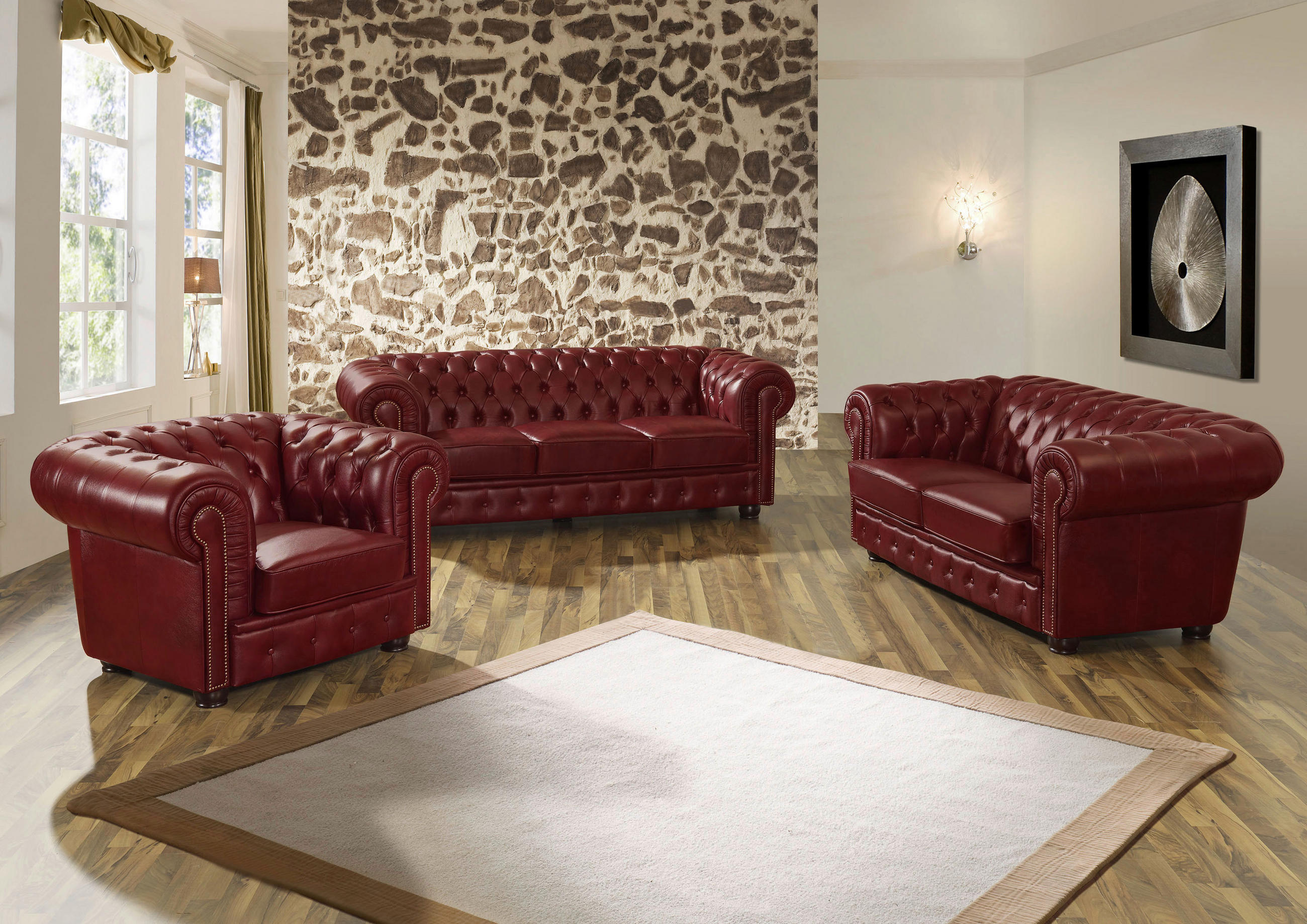 CHESTERFIELD-SITZGARNITUR Rot Echtleder  - Rot/Nussbaumfarben, KONVENTIONELL, Leder/Holzwerkstoff - Max Winzer