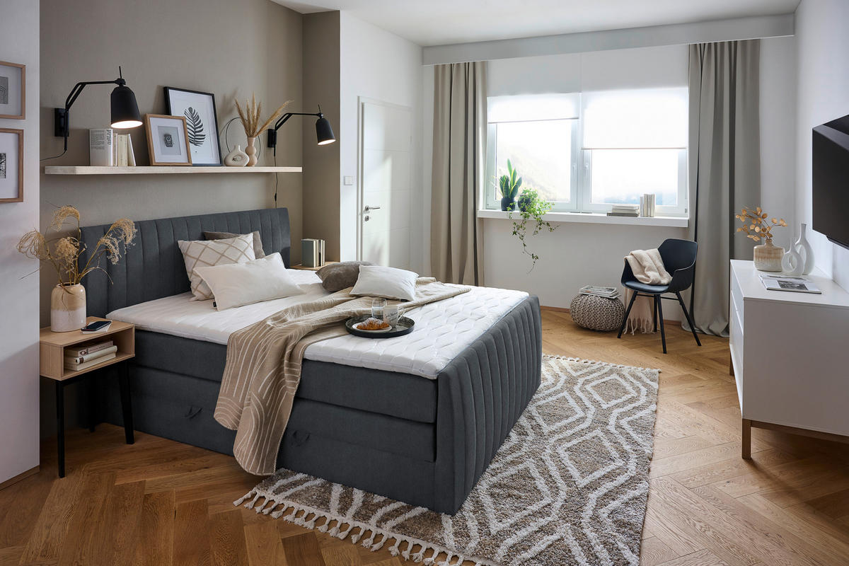 BOXSPRINGBETT 160/200 cm  in Dunkelgrau  - Dunkelgrau/Schwarz, KONVENTIONELL, Kunststoff/Textil (160/200cm) - Boxxx