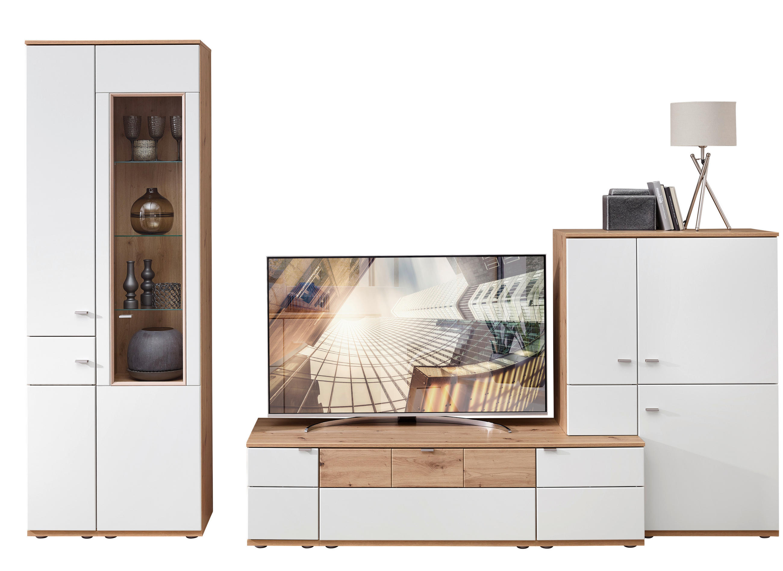 WOHNWAND  in Weiß, Alteiche  315/215/53 cm  - Alteiche/Alufarben, KONVENTIONELL, Glas/Holzwerkstoff (315/215/53cm) - Venda