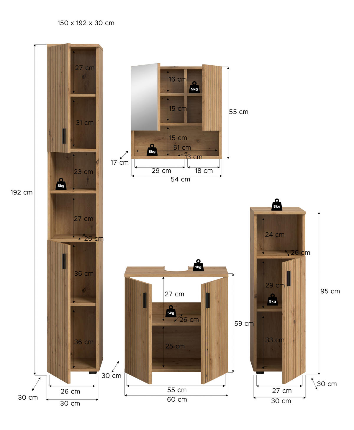 BADEZIMMER 4-teilig  in 120 cm  - Eiche Artisan, Basics, Holzwerkstoff/Kunststoff (120cm) - MID.YOU
