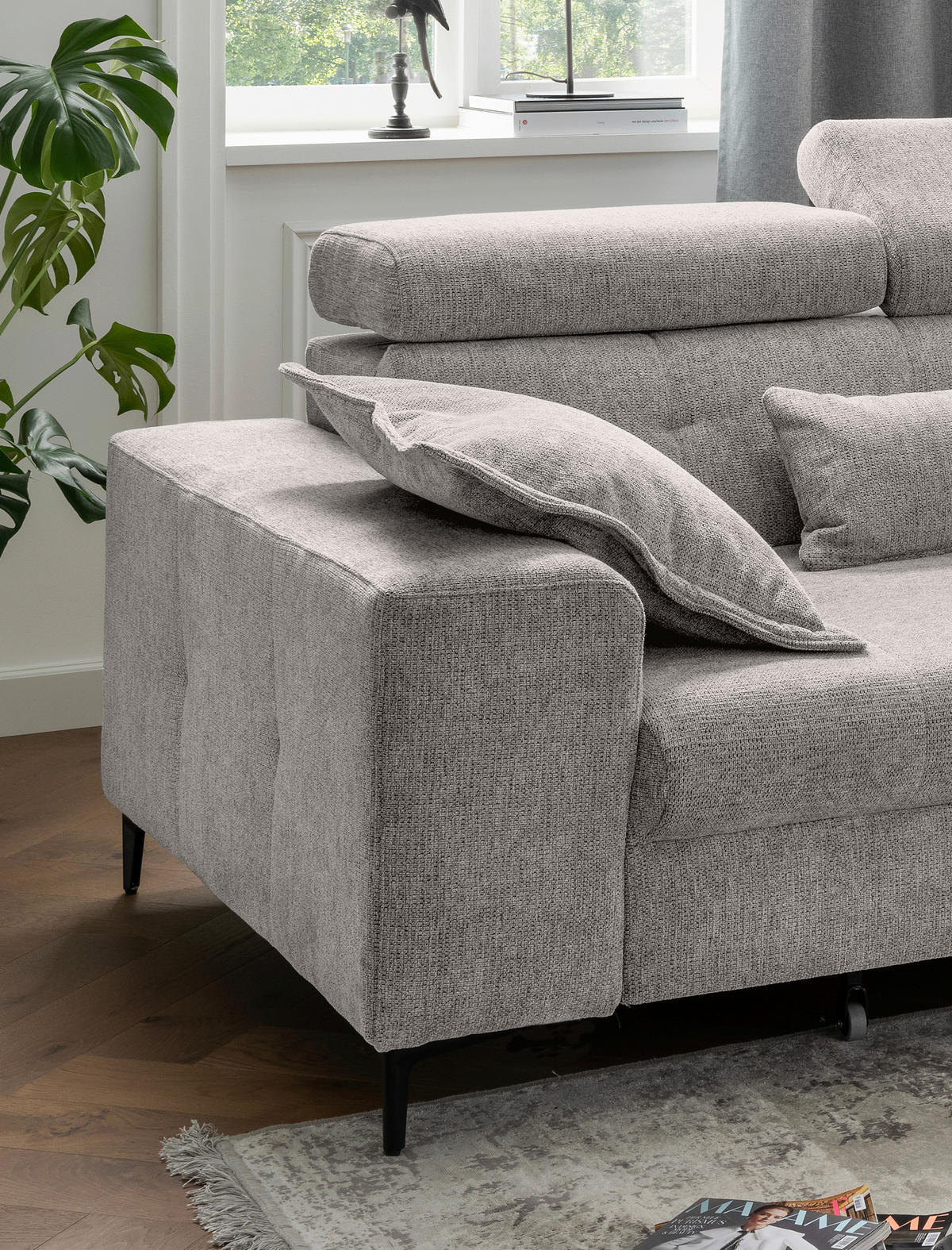 ECKSOFA NEAPEL Grau Chenille Schlaffunktion, Kopfteilverstellung, Sitzvorzug  - Schwarz/Grau, Basics, Textil/Metall (270/186cm) - Livetastic