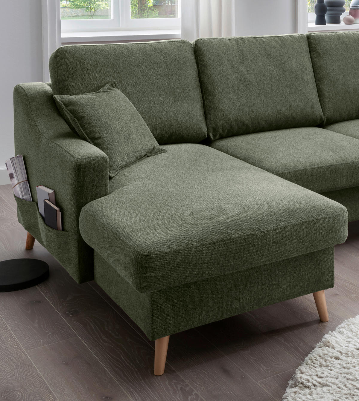 WOHNLANDSCHAFT in Chenille Dunkelgrün  - Dunkelgrün/Naturfarben, Konventionell, Holz/Textil (150/301/200cm) - Livetastic