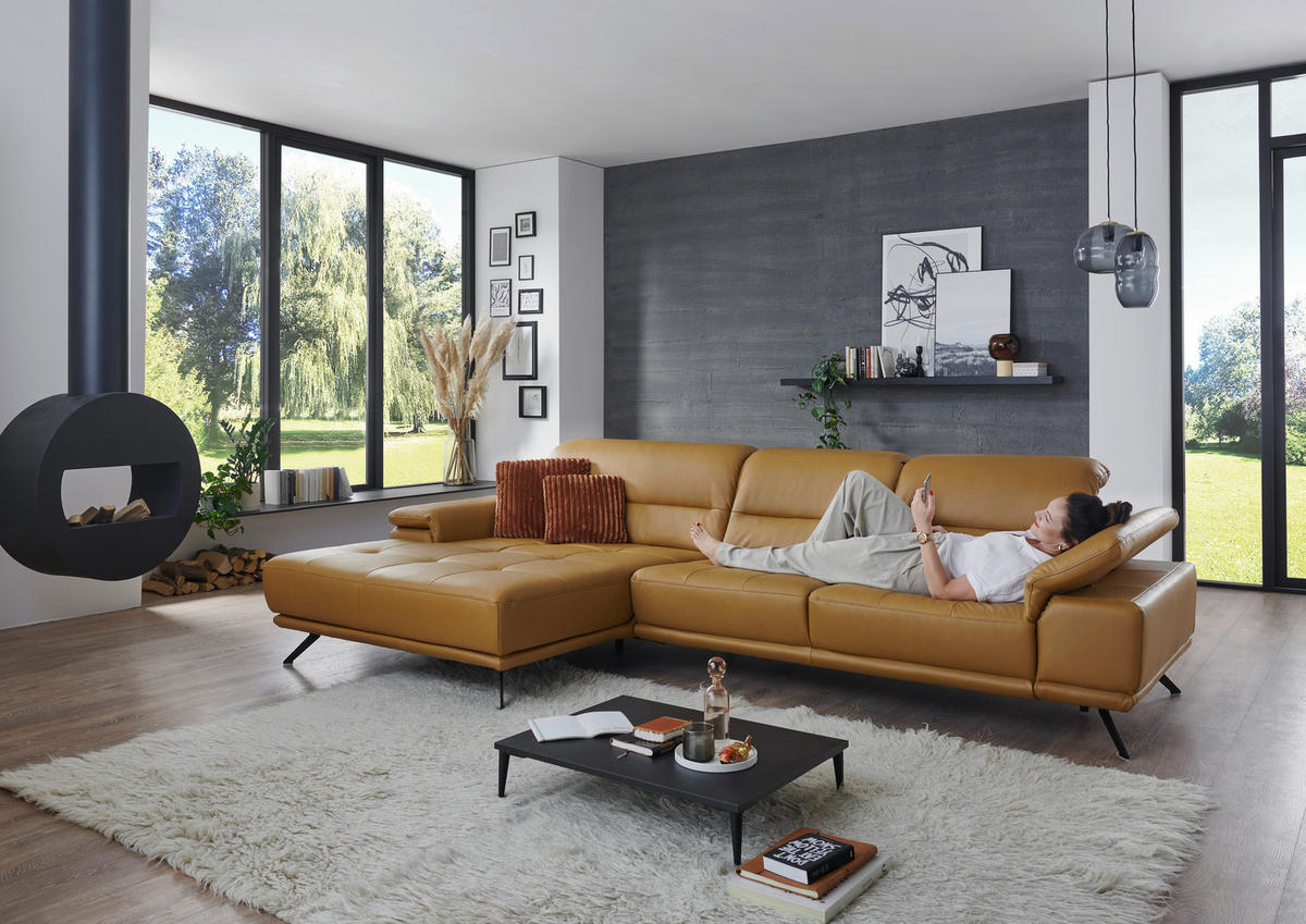 ECKSOFA Echtleder Currygelb  - Currygelb/Schwarz, Konventionell, Leder/Metall (193/343cm) - Beldomo Premium