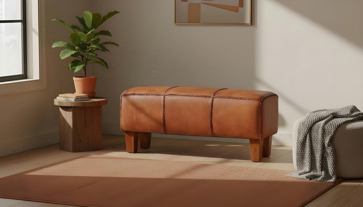 SITZBANK 110/45/35 cm Echtleder Braun, Teakfarben Teakholz massiv  - Braun/Teakfarben, LIFESTYLE, Leder/Holz (110/45/35cm) - Landscape