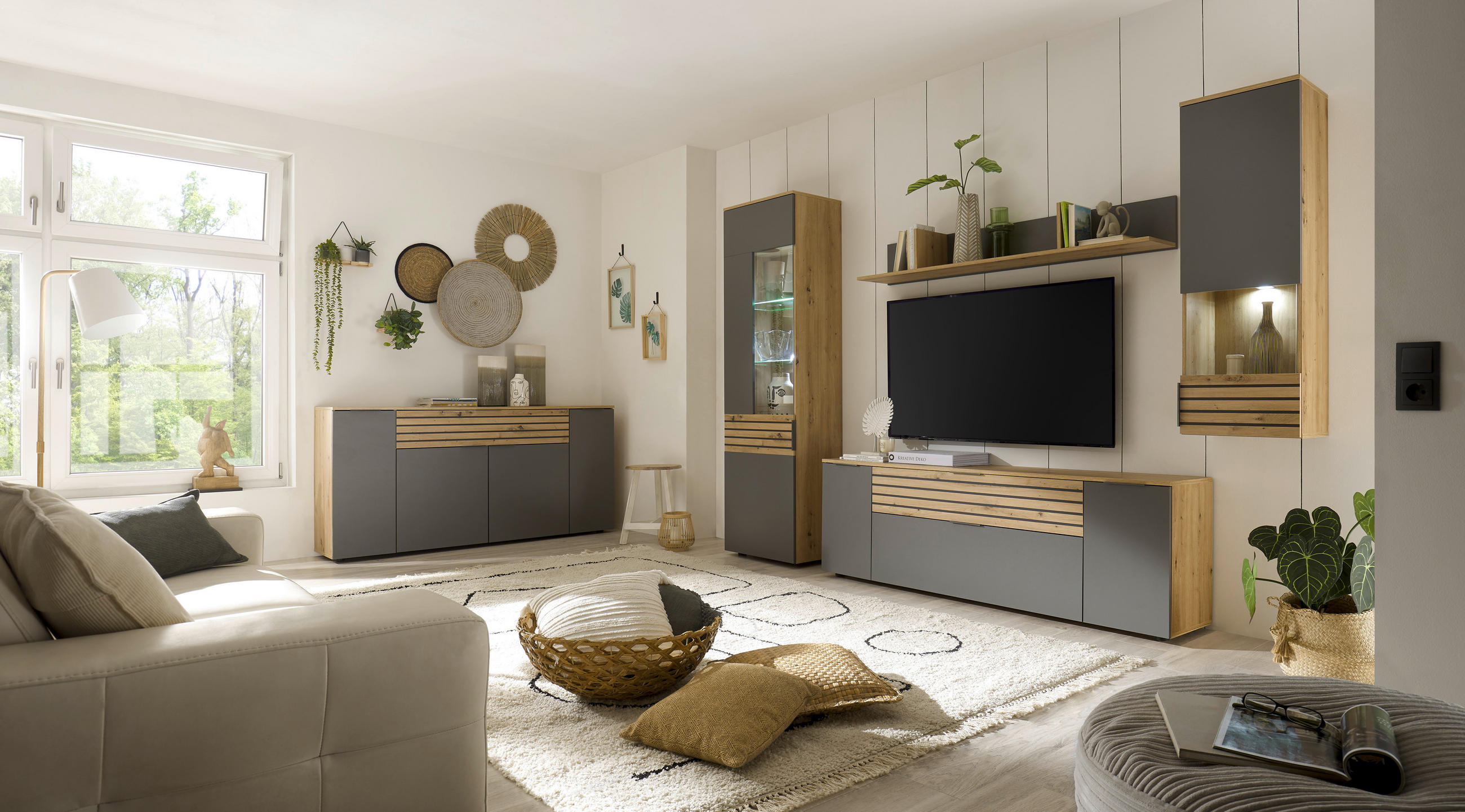 Thumbnail - Mid.you Sideboard, Grau, Eiche Artisan, Kunststoff, 4 Fächer, 1 Schubladen, 177x85x37 cm, Made in EU, Beimöbel erhältlic...