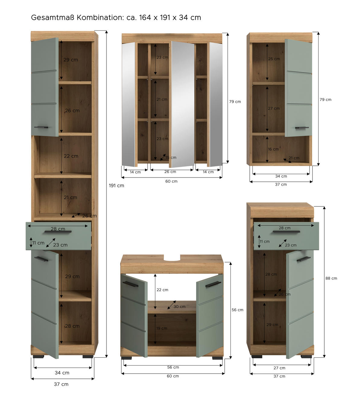 BADEZIMMER 5-teilig  in 134 cm  - Salbeigrün/Eichefarben, MODERN, Glas/Holzwerkstoff (134cm) - MID.YOU
