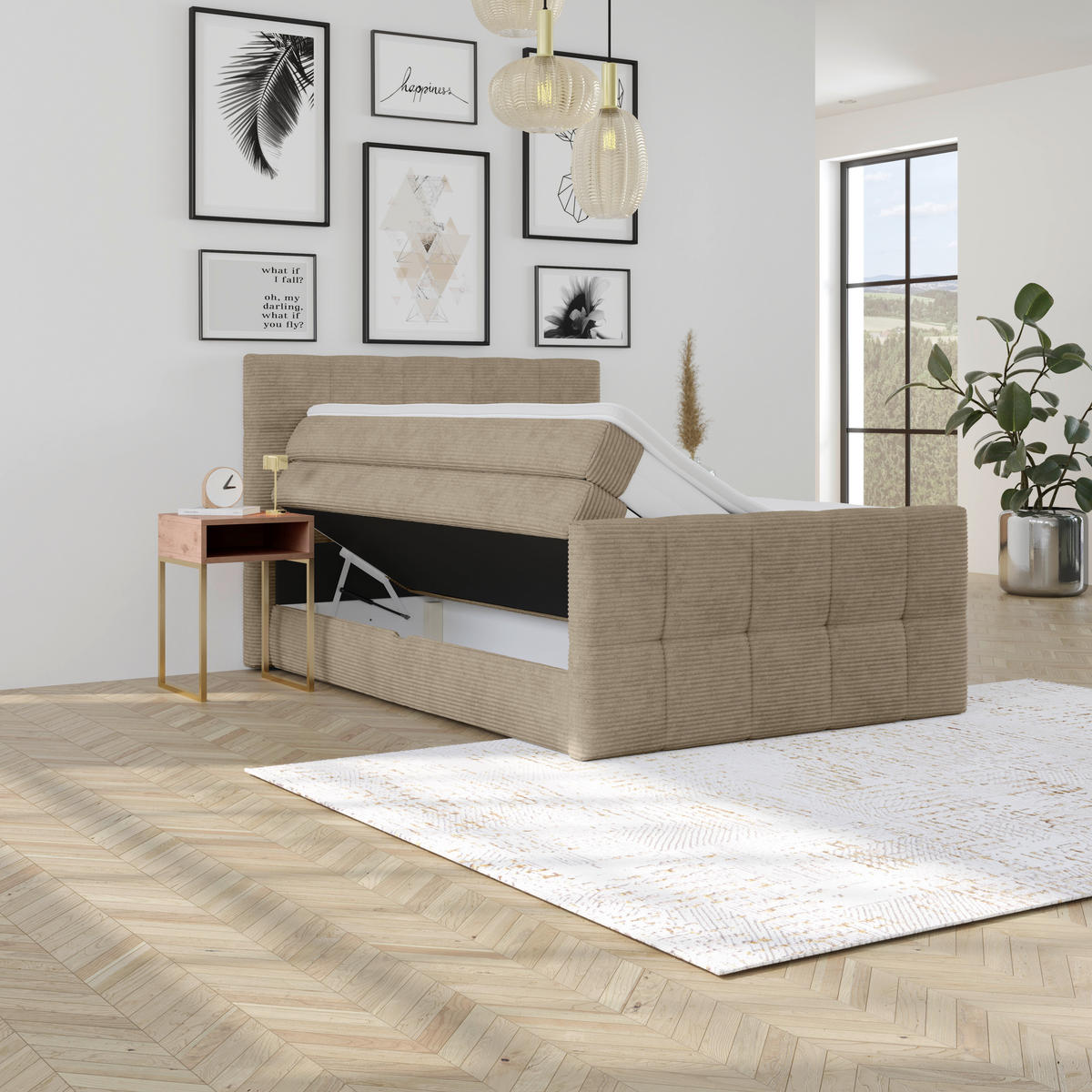 BOXSPRINGBETT 140/200 cm,  in Schlammfarben, gepolstertes Kopfteil, Bettkasten, Topper, Matratzen, H2 + H2 = mittel  - Schlammfarben, KONVENTIONELL, Holz/Holzwerkstoff (140/200cm)