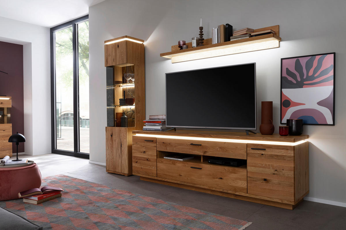 WOHNWAND 3-teilig  in Grau, Eichefarben 275/204/50 cm  - Eichefarben/Anthrazit, Natur, Glas/Holz (275/204/50cm) - Linea Natura