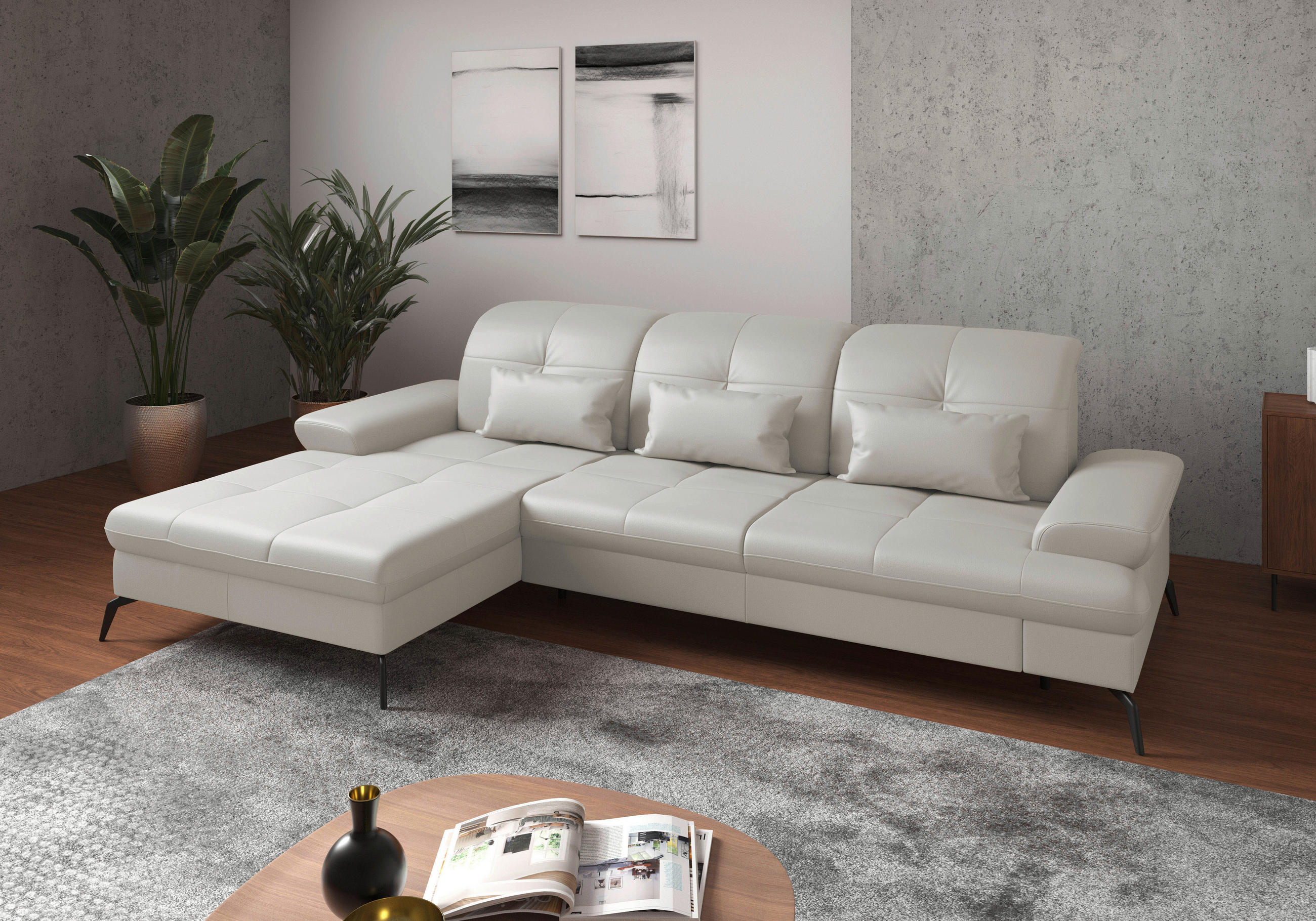 ECKSOFA in Vliesstoff Kombination Echtleder/Stoff Weiss  - Weiss/Schwarz, Konventionell, Leder/Textil (185/279cm) - Sit & More