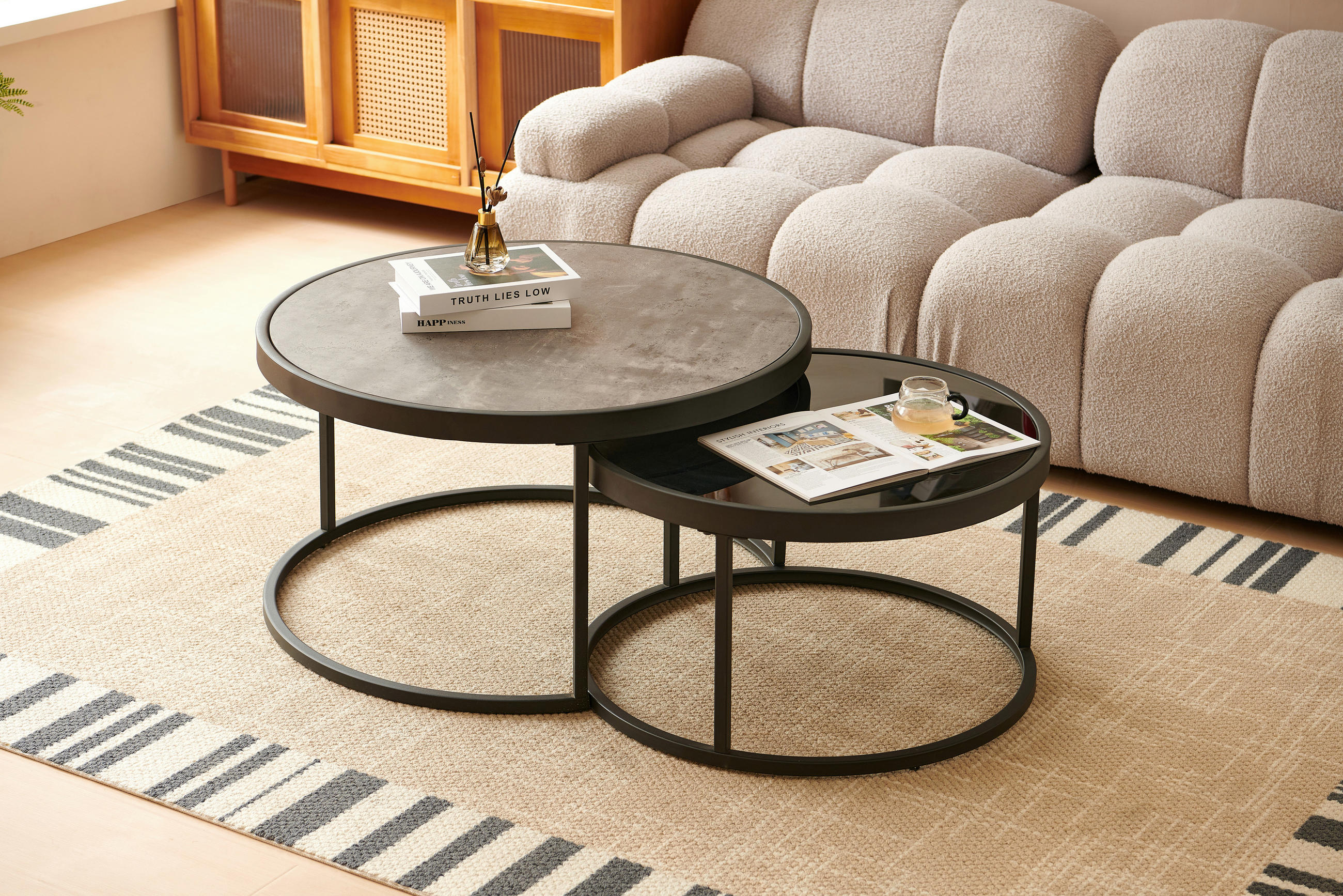 Thumbnail - Mid.you Couchtischset, Grau, Schwarz, Metall, Glas, Holzwerkstoff, 2-teilig, rund, rund, 65-80x38-40x65-80 cm, einfacher...