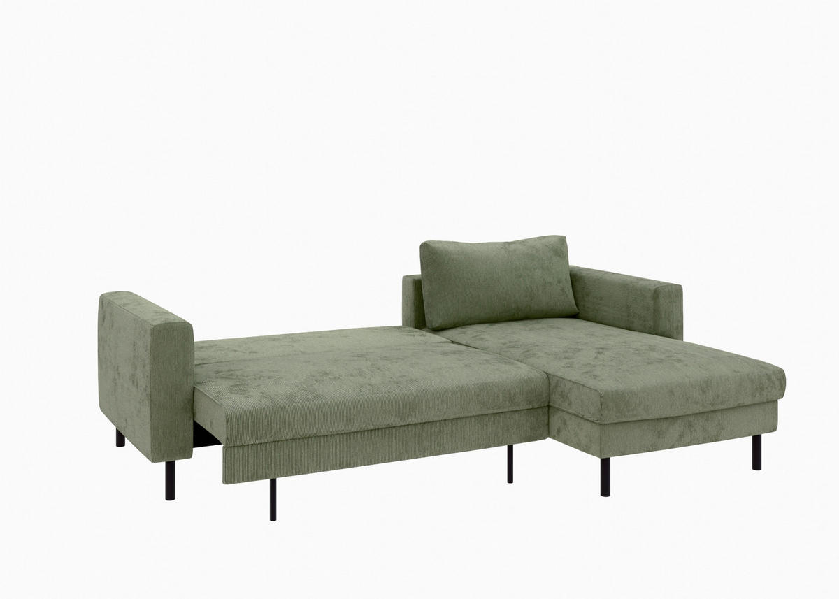 ECKSCHLAFSOFA  mit Rücken echt, Armteil links, Armteil rechts Cord Grün  - Schwarz/Grün, MODERN, Textil/Metall (232/161cm) - Trendmanufaktur