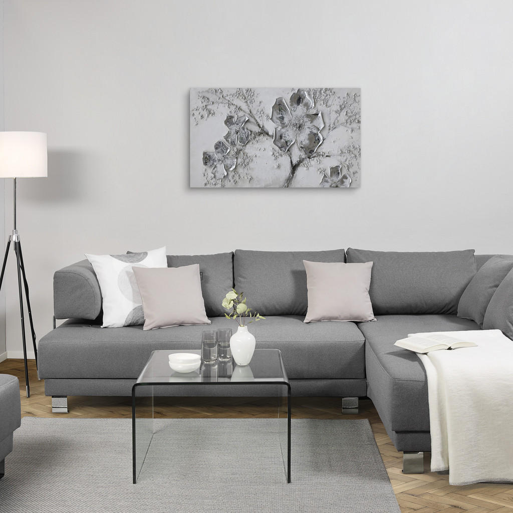 Thumbnail - Monee Objektbild, Braun, Silber, Weiß, Holz, Textil, Kiefer, massiv, rechteckig, 120x70 cm, handgemalt, Keilrahmen, 3D-E...