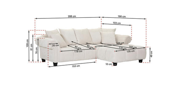 ECKSOFA  in Plüsch Weiß  288/190 cm  - Dunkelbraun/Weiß, KONVENTIONELL, Holz/Textil (288/190cm) - Carryhome