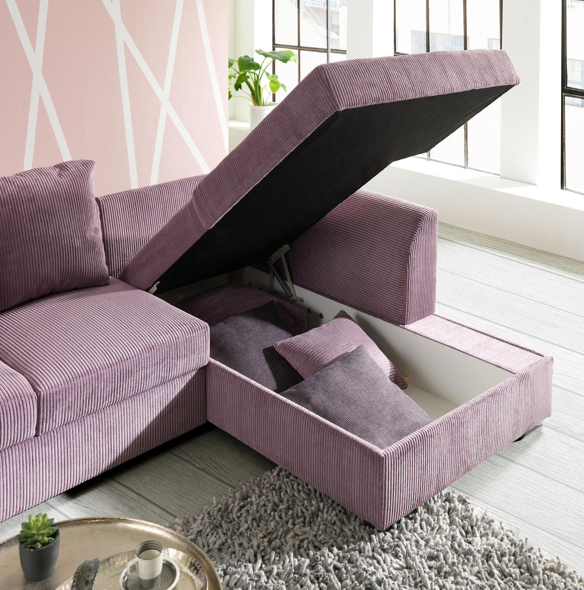 ECKSOFA in Cord Pflaume  - Pflaume/Schwarz, Design, Kunststoff/Textil (259/174cm) - Cantus