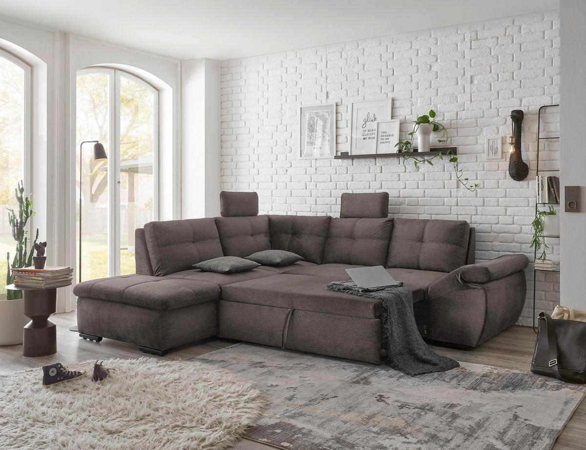 ECKSOFA Graubraun Mikrovelours  - Graubraun/Schwarz, KONVENTIONELL, Kunststoff/Textil (217/265cm) - Carryhome