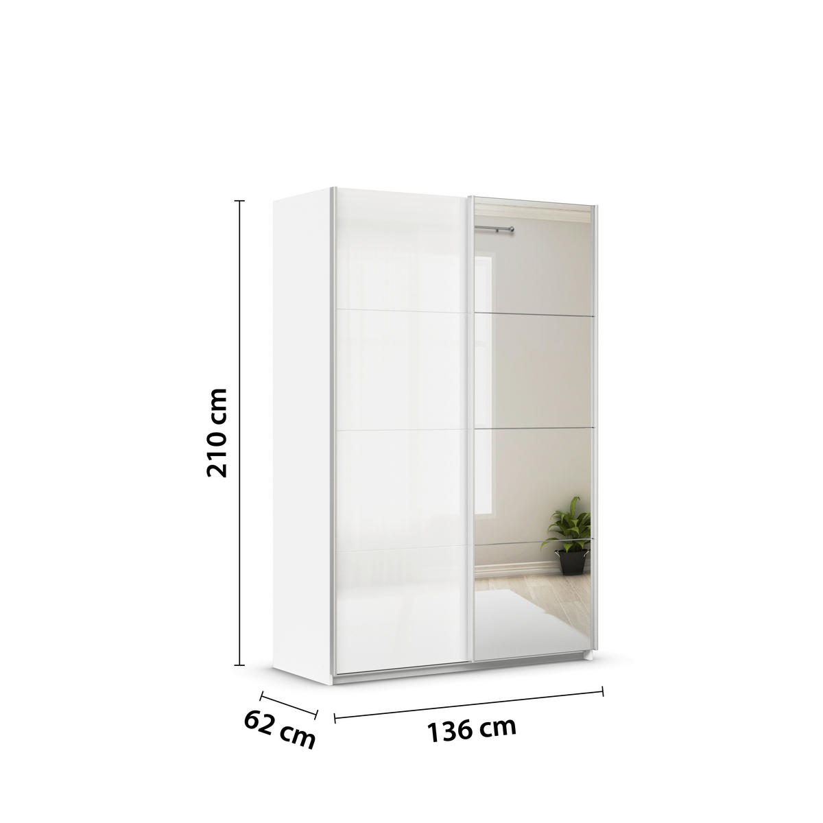 SCHWEBETÜRENSCHRANK  in Weiß, Weiß Hochglanz  - Weiß Hochglanz/Alufarben, KONVENTIONELL, Glas/Holzwerkstoff (136/210/62cm) - Xora