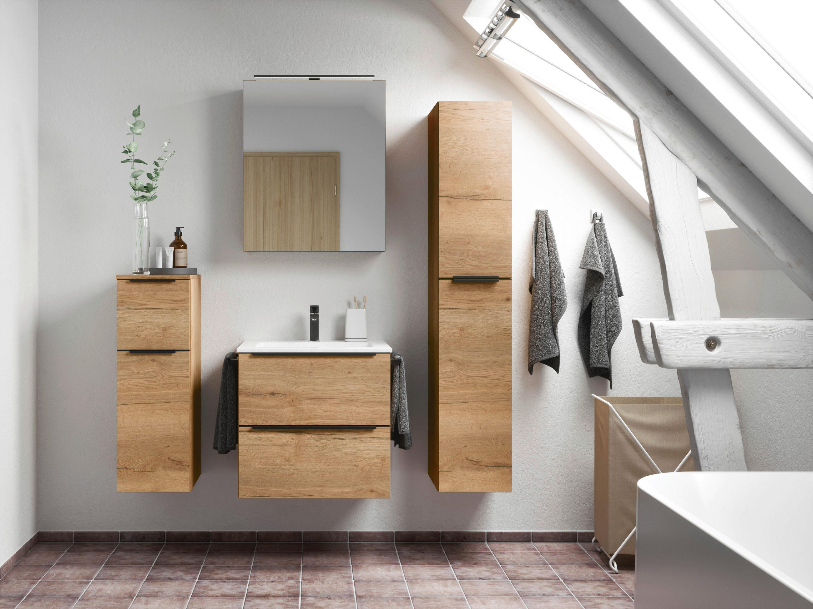 BADEZIMMER 5-teilig  in 121 cm  - Eichefarben/Schwarz, MODERN, Holzwerkstoff/Stein (121cm) - Nobilia