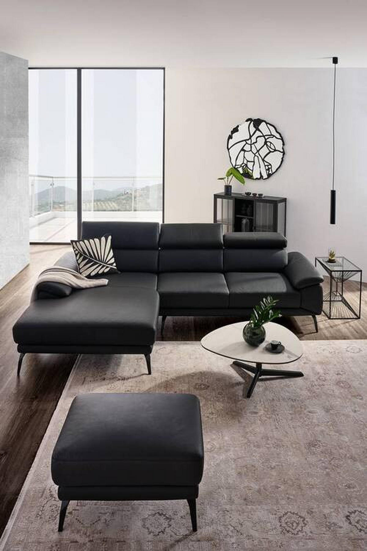 ECKSOFA in Echtleder Schwarz  - Schwarz, Design, Leder/Metall (187/295cm) - Novel