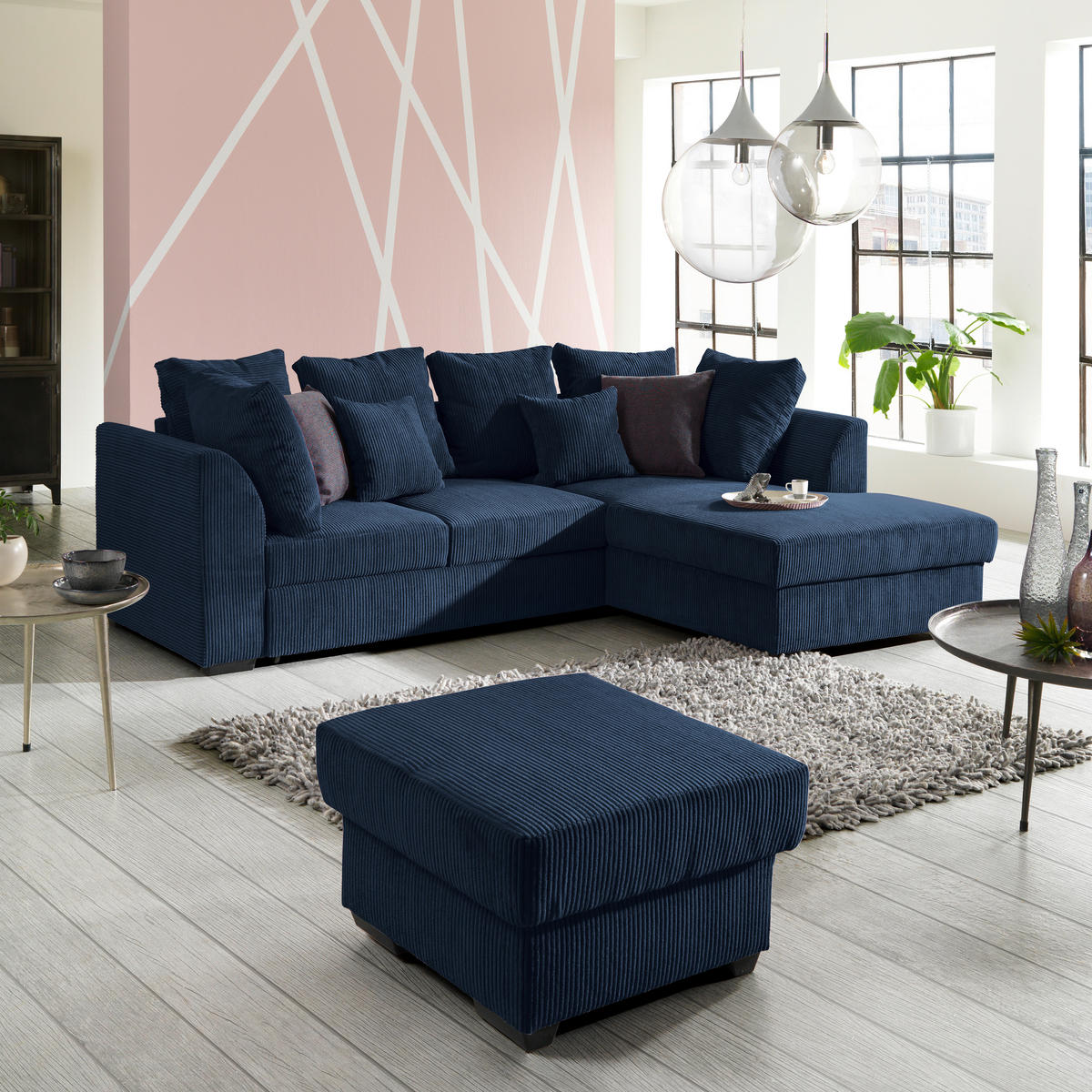 ECKSOFA in Cord Dunkelblau  - Schwarz/Dunkelblau, Design, Kunststoff/Textil (259/174cm) - Cantus