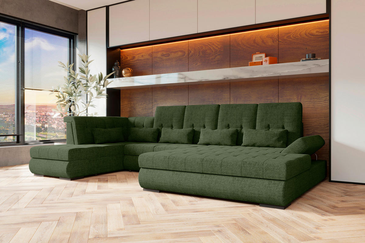 WOHNLANDSCHAFT Olivgrün Struktur  - Schwarz/Olivgrün, KONVENTIONELL, Kunststoff/Textil (222/358/212cm) - Carryhome