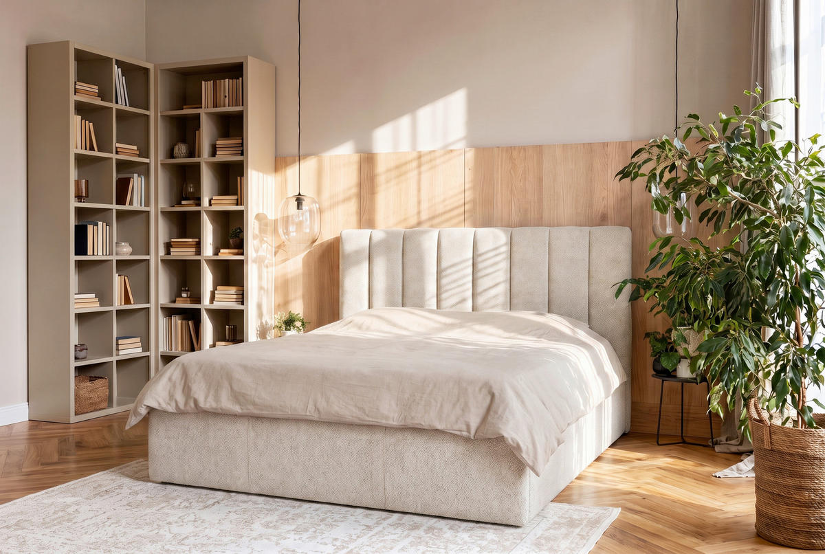 STOPPAD SÄNG ,160/200 cm  i cremefärgad  - cremefärgad, Trend, trä/textil (160/200cm) - Best Price