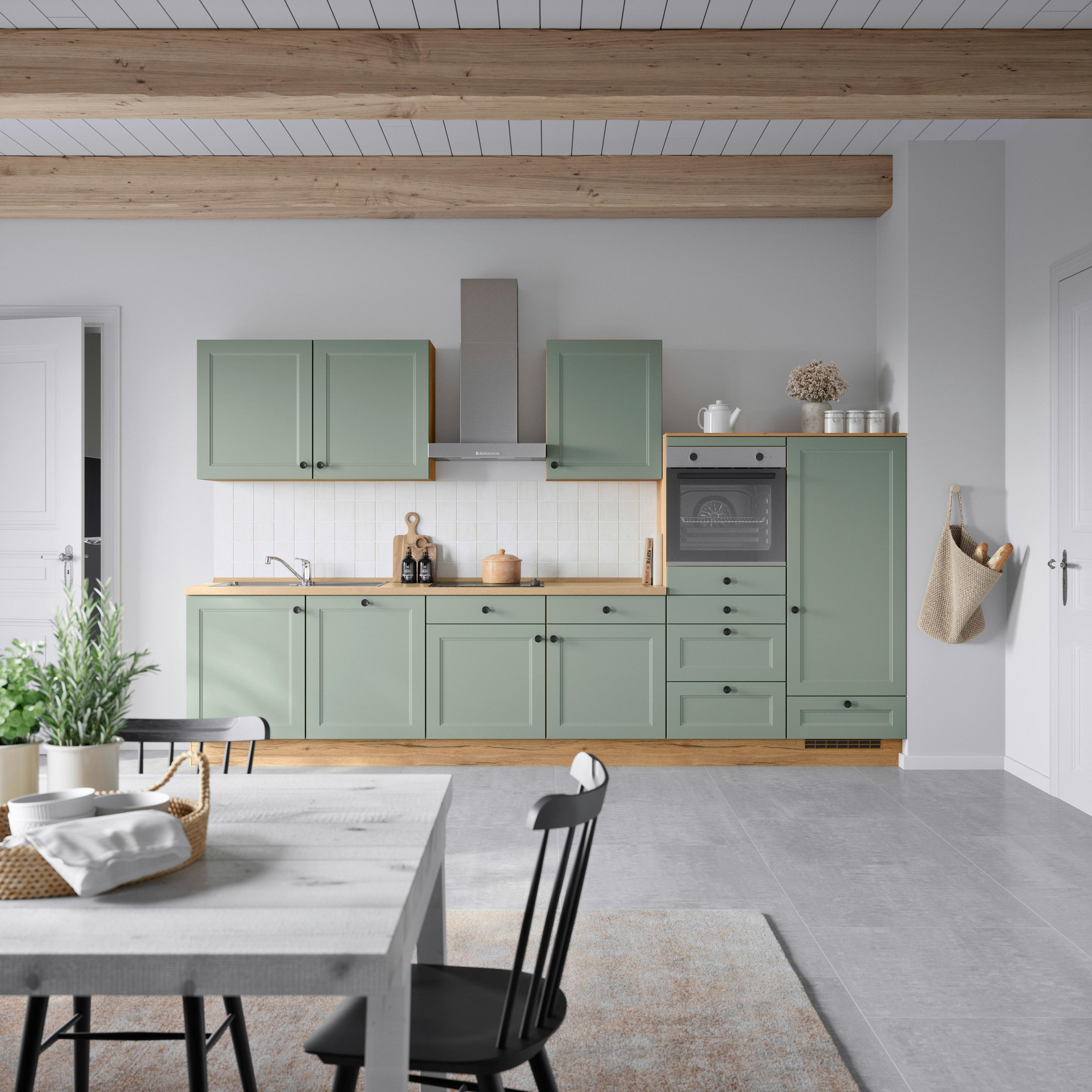 KÜCHENBLOCK 360 cm   in Eichefarben, Schilfgrün  - Schilfgrün/Eichefarben, MODERN, Holzwerkstoff/Metall (360cm) - Nobilia