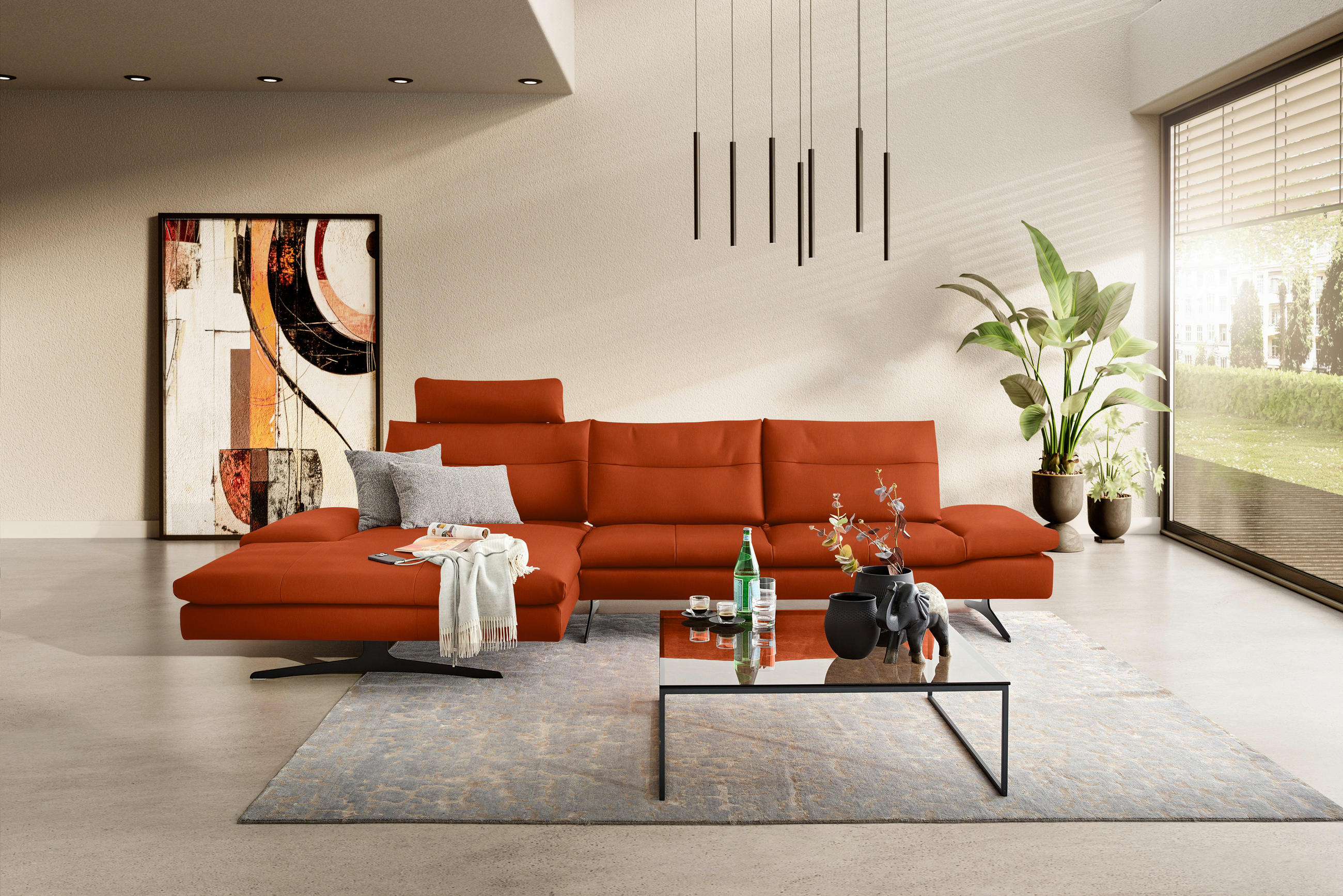 ECKSOFA in Echtleder Terracotta  - Terracotta/Schwarz, Modern, Leder/Metall (158/342cm) - Chilliano