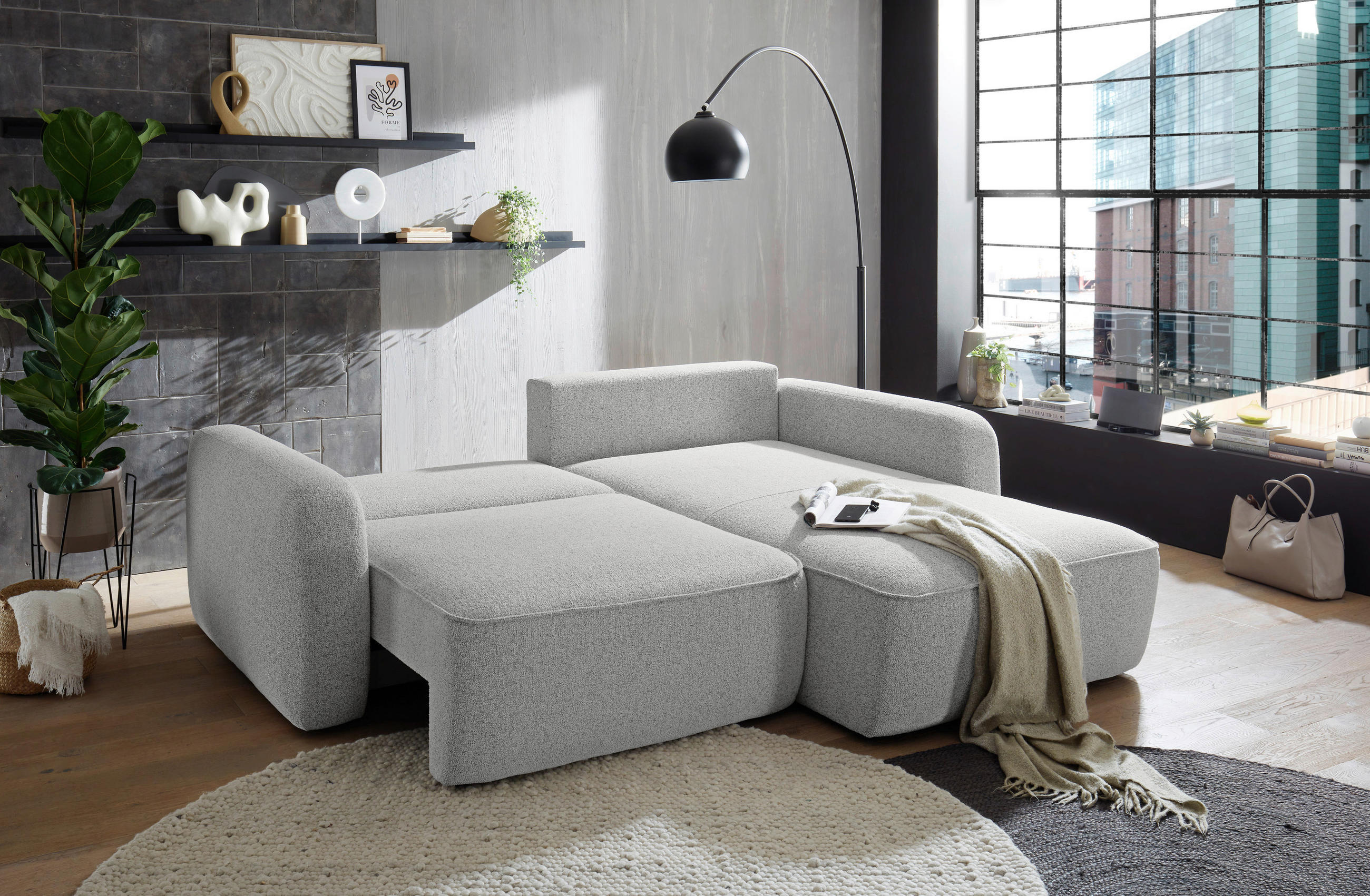 ECKSOFA in Webstoff Hellgrau  - Hellgrau/Schwarz, Konventionell, Kunststoff/Textil (247/190cm) - MID.YOU