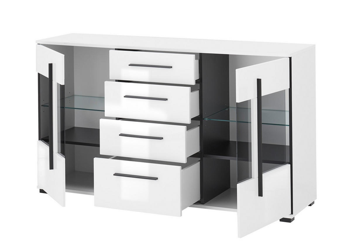 SIDEBOARD  150/86/42 cm 4 Schublade(n)  - Weiß Hochglanz/Schwarz, Design, Glas/Holzwerkstoff (150/86/42cm) - Livetastic