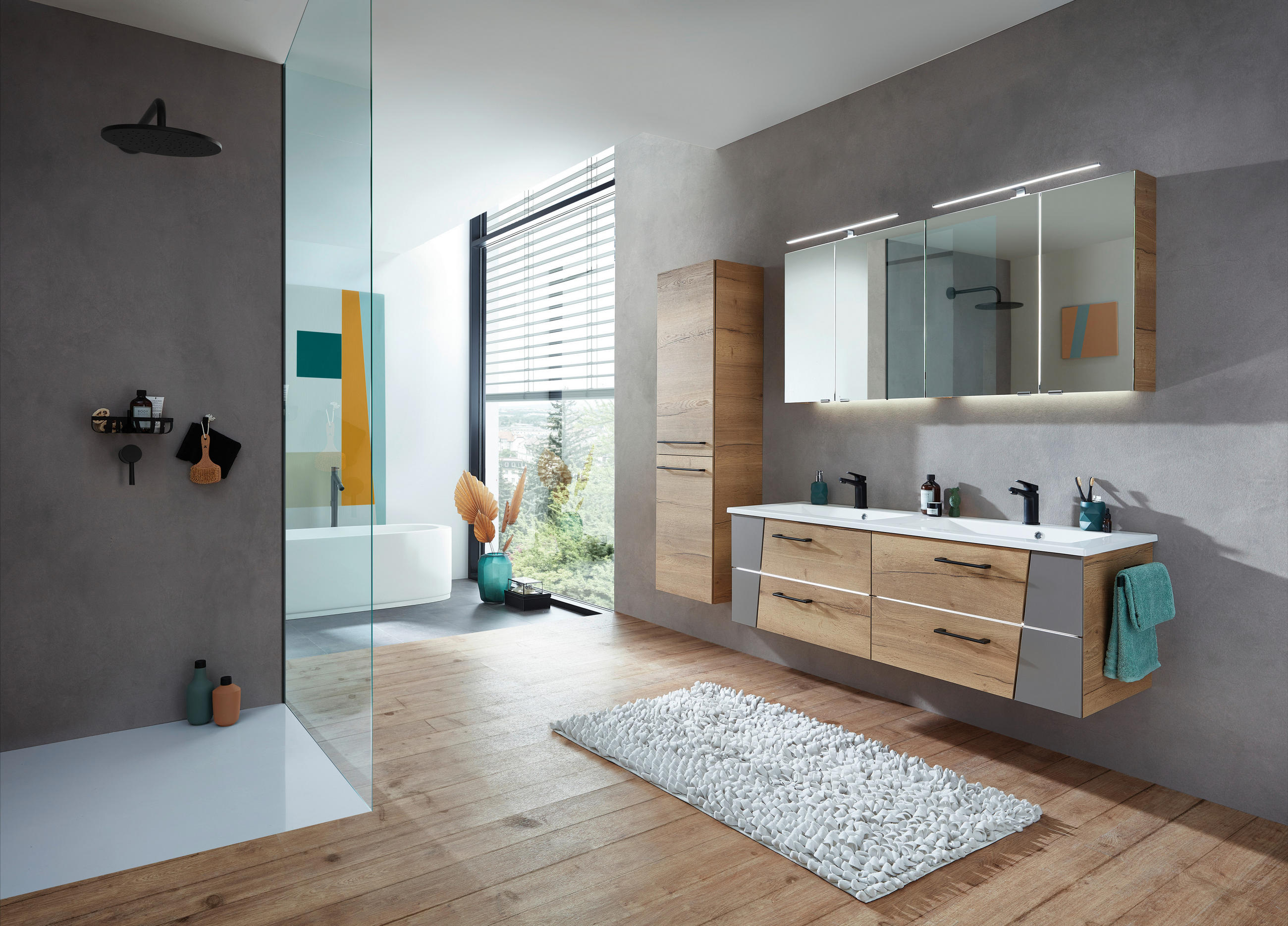 WASCHTISCHKOMBI 153 cm  - Eichefarben/Blaugrau, KONVENTIONELL, Holzwerkstoff/Stein (153cm) - Sadena