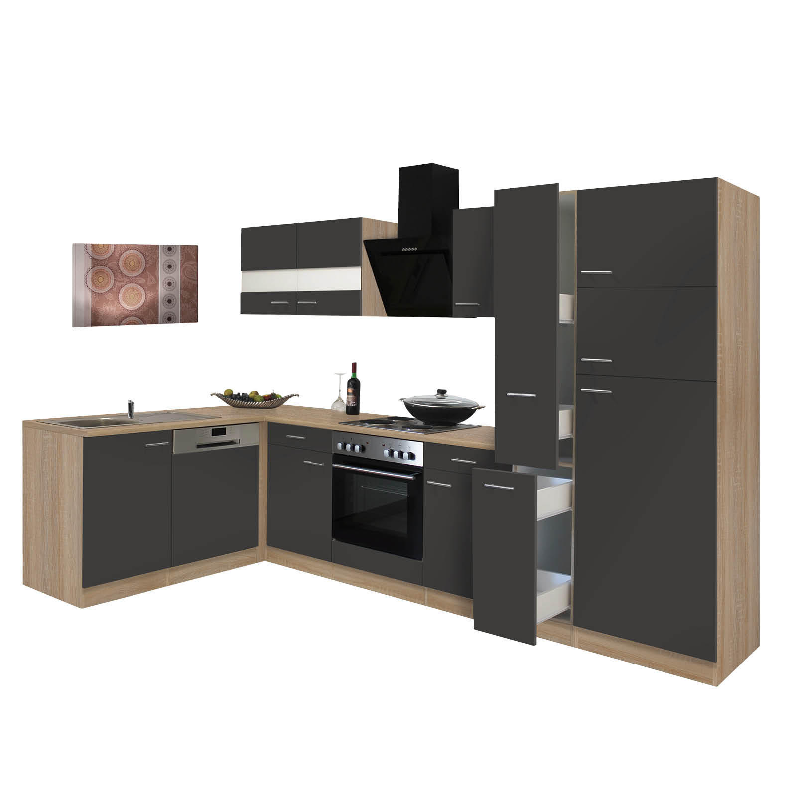 ECKKÜCHE 172/310 cm  in Grau, Eichefarben  - Eichefarben/Grau, Basics, Glas/Holzwerkstoff (172/310cm) - Respekta