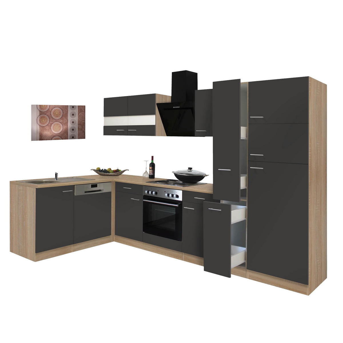 ECKKÜCHE 172/310 cm  in Grau, Eichefarben  - Eichefarben/Grau, Basics, Glas/Holzwerkstoff (172/310cm) - Respekta