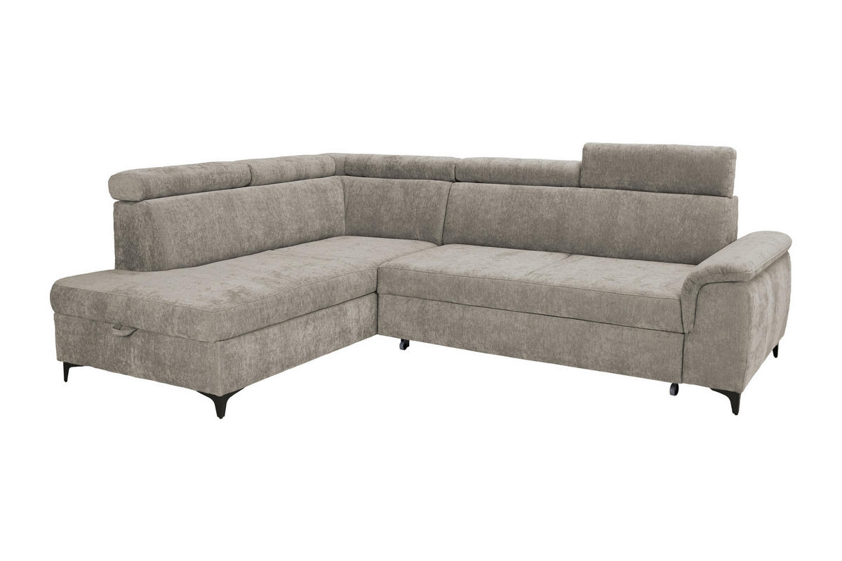 ECKSOFA Taupe Chenille Bettkasten, Schlaffunktion, Rücken echt, Kopfteilverstellung, Liegefläche im Originalstoff  - Taupe/Schwarz, KONVENTIONELL, Textil/Metall (206/265cm) - Carryhome
