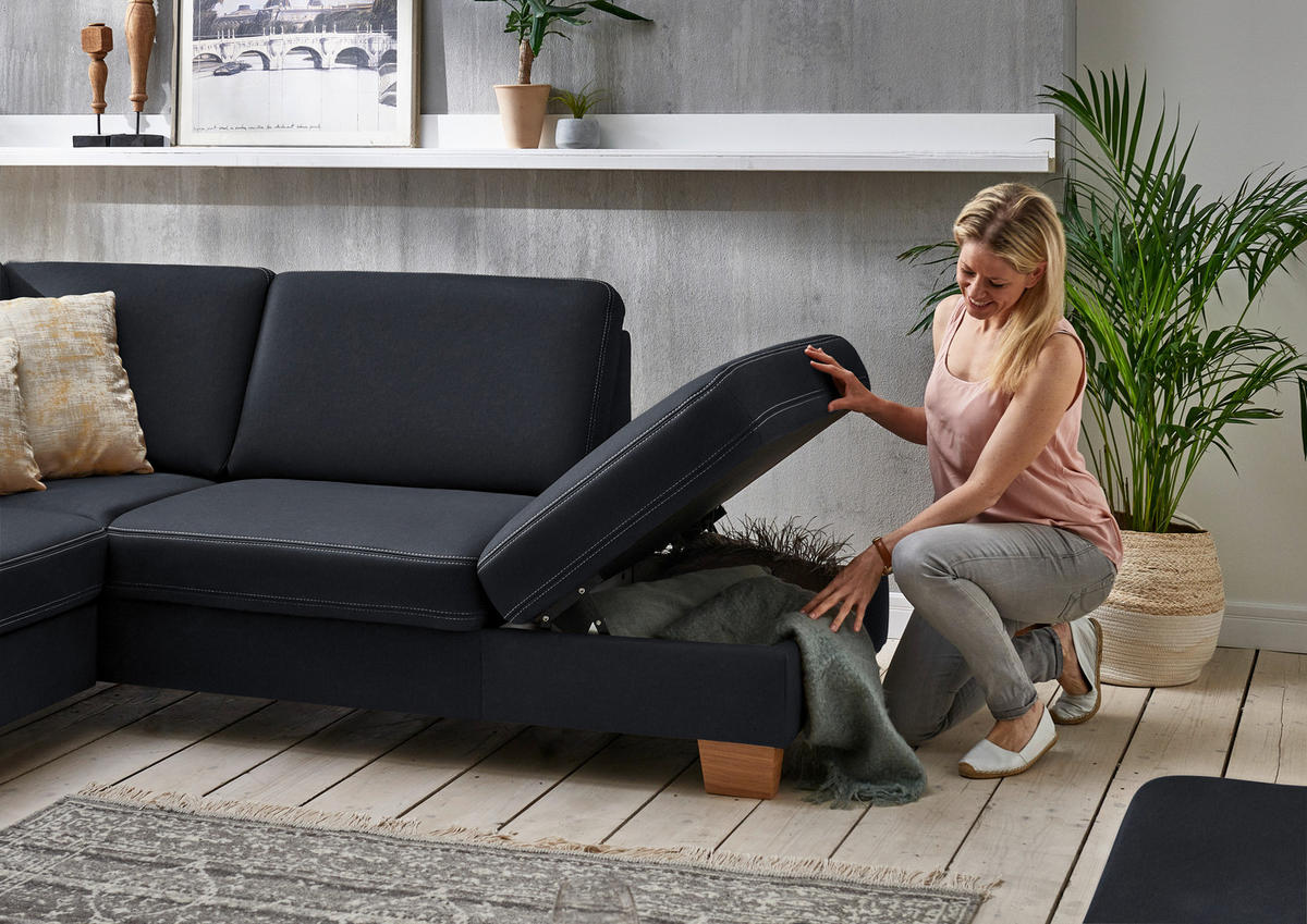 ECKSOFA  in Echtleder Dunkelblau  274/235 cm  - Eichefarben/Beige, KONVENTIONELL, Leder/Holzwerkstoff (274/235cm) - Beldomo Premium