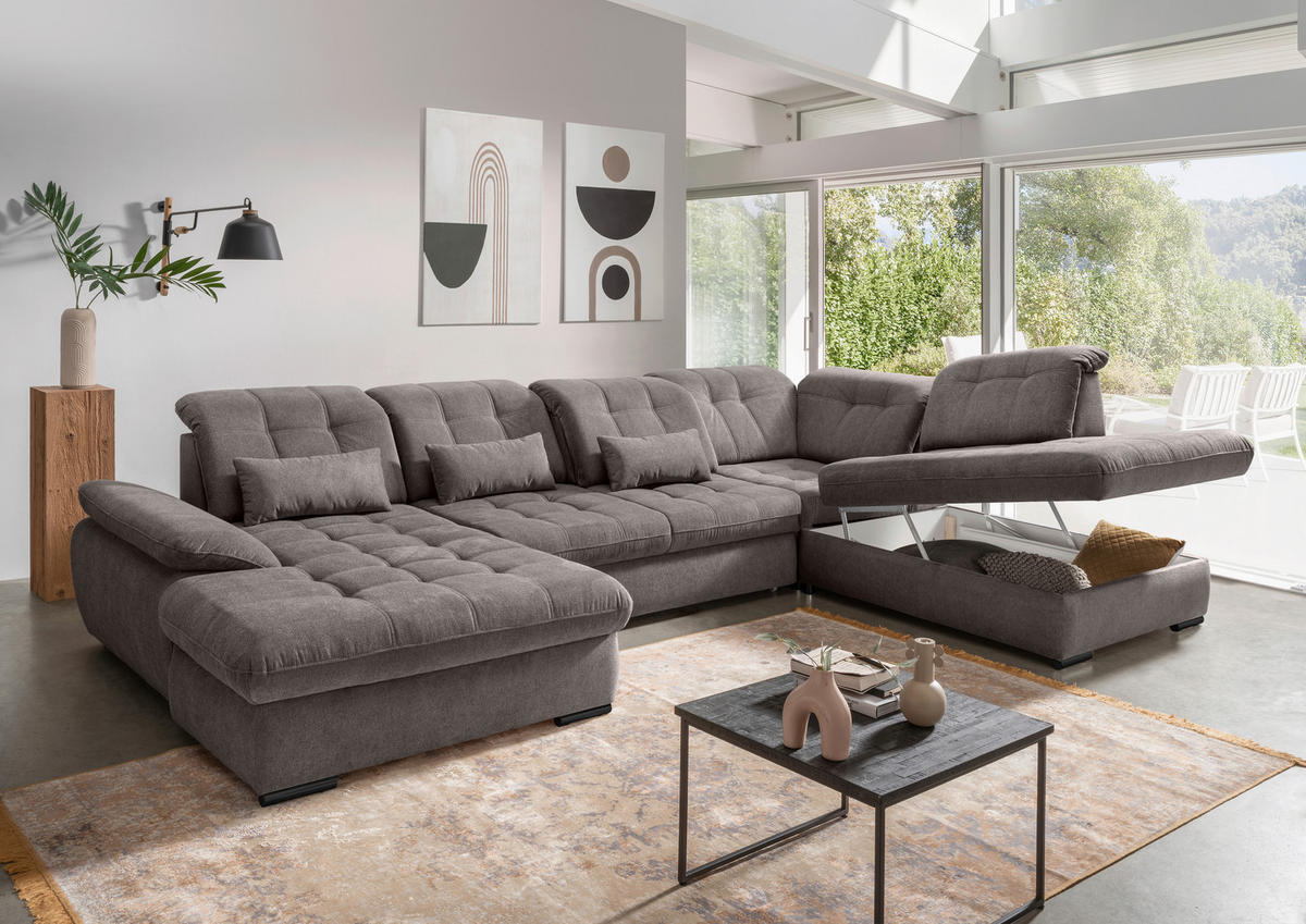 WOHNLANDSCHAFT in Chenille Graubraun  - Graubraun/Schwarz, Modern, Textil/Metall (184/387/252cm) - Livetastic