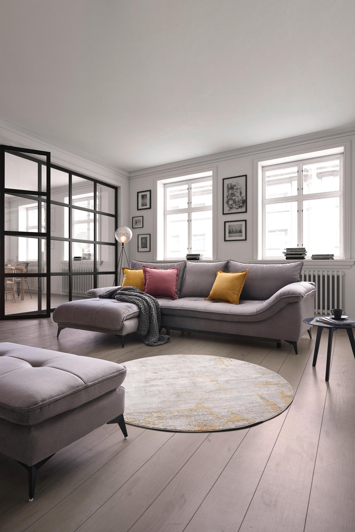 ECKSOFA Grau Velours  - Schwarz/Grau, Design, Textil/Metall (175/304cm) - Stylife