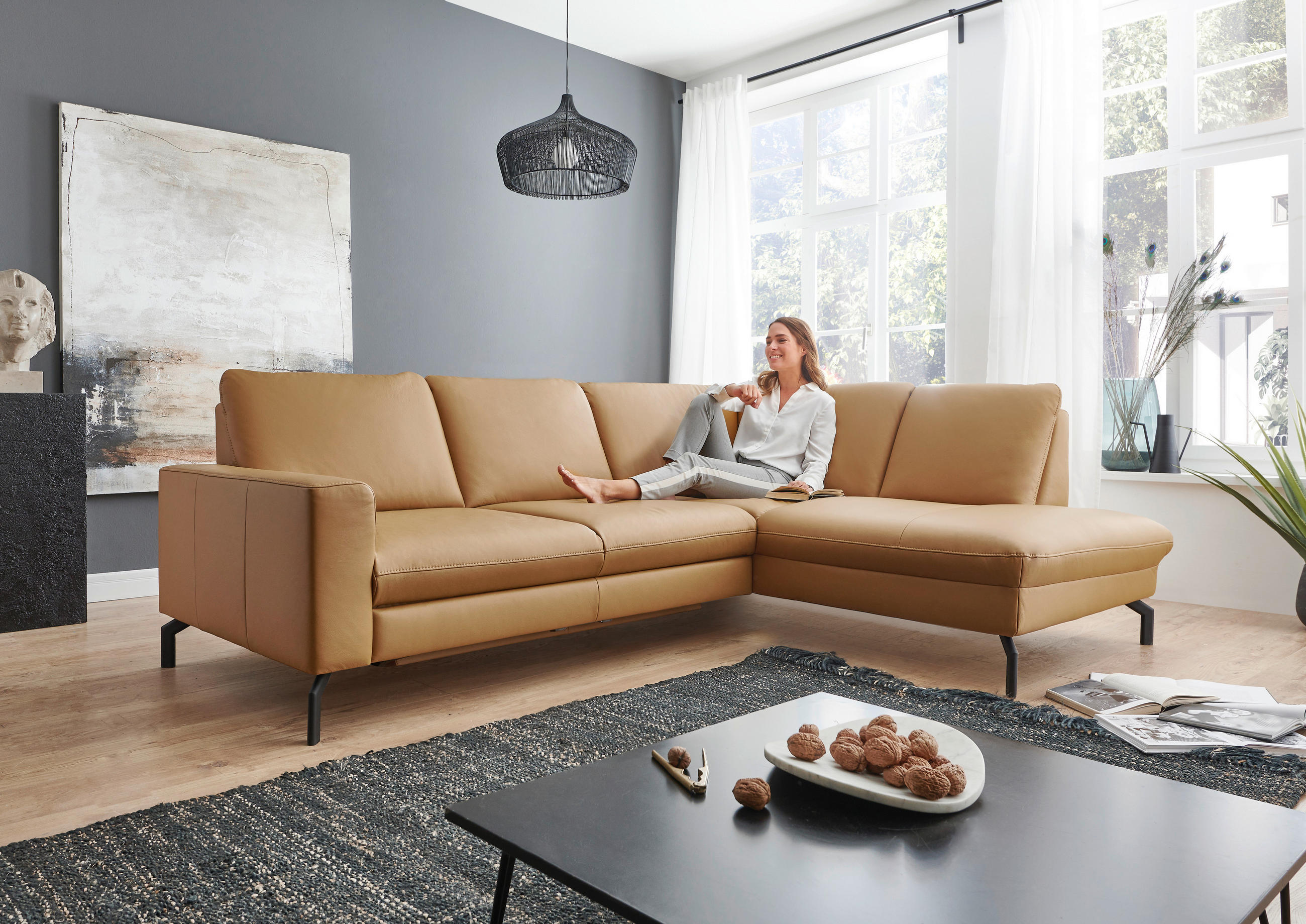 ECKSOFA in Echtleder Currygelb  194/250 cm  - Currygelb/Schwarz, Design, Leder/Metall (194/250cm) - Beldomo Premium
