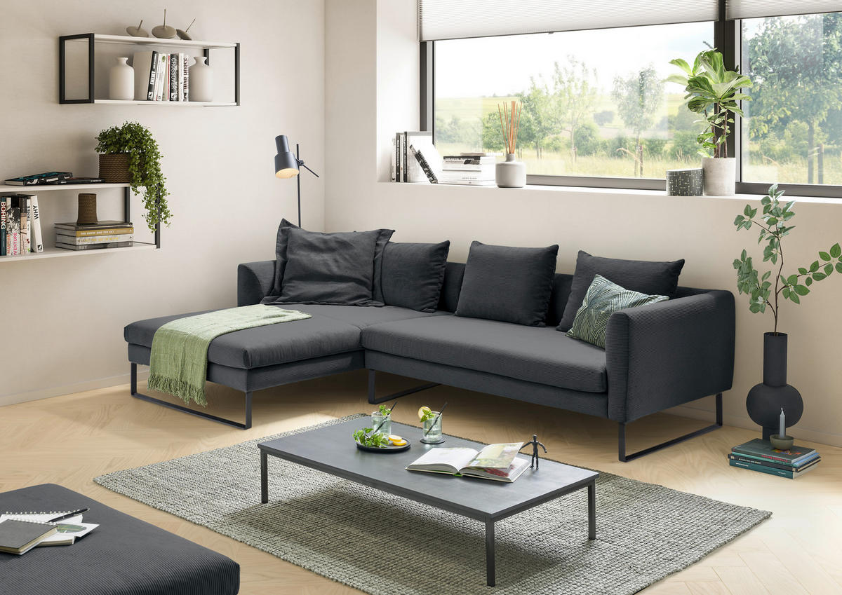 ECKSOFA in Feincord Anthrazit  - Anthrazit/Schwarz, Konventionell, Textil/Metall (178/284cm) - Hom`in