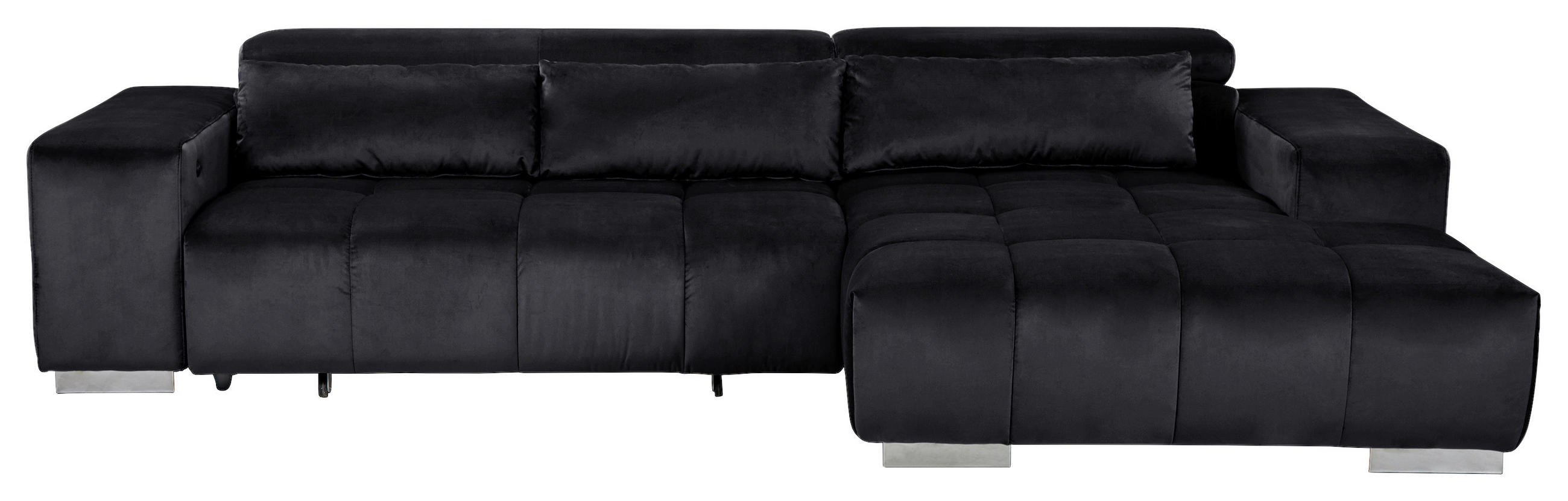 ECKSOFA Schwarz Velours Kopfteilverstellung  - Silberfarben/Schwarz, KONVENTIONELL, Textil/Metall (307/186cm) - Livetastic
