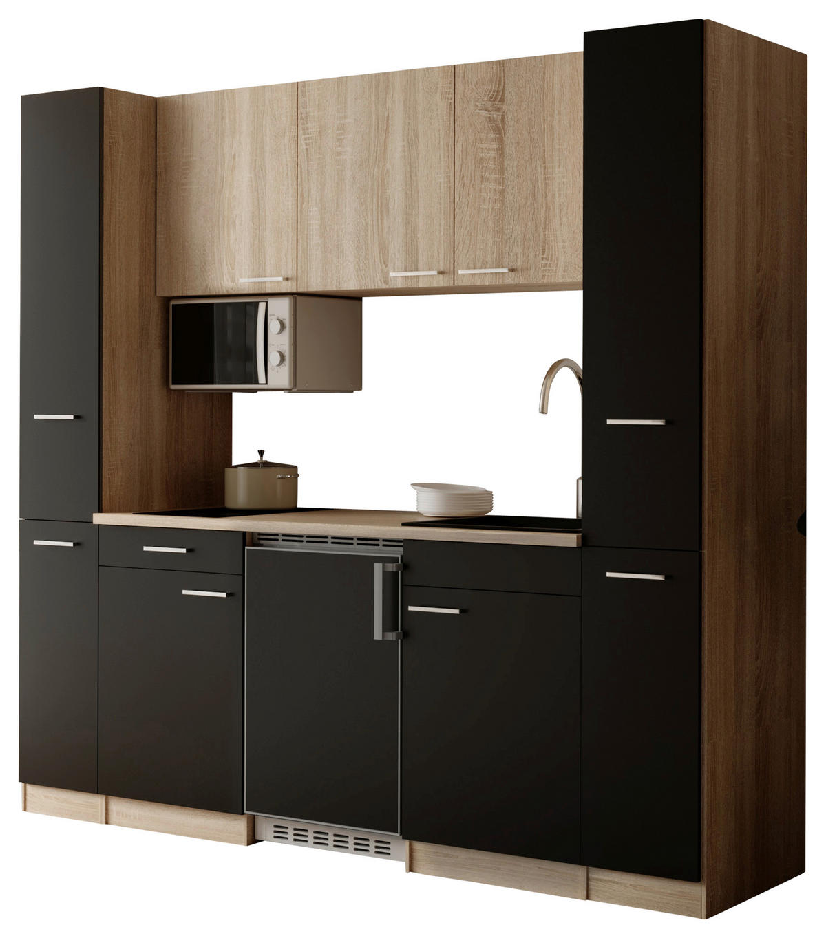 KÜCHENBLOCK Ingrid 210 cm  in Schwarz  - Eichefarben/Alufarben, Design, Holzwerkstoff/Kunststoff (210cm) - Respekta
