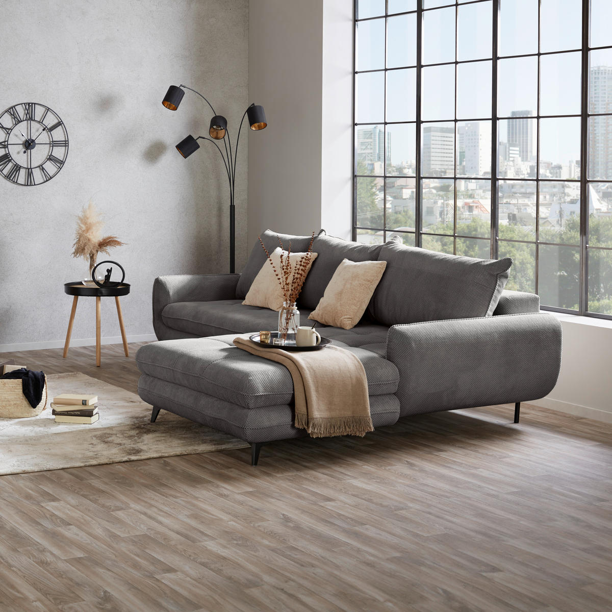 ECKSOFA WAVE Grau Struktur  - Beige/Schwarz, MODERN, Textil/Metall (266/189cm) - MID.YOU