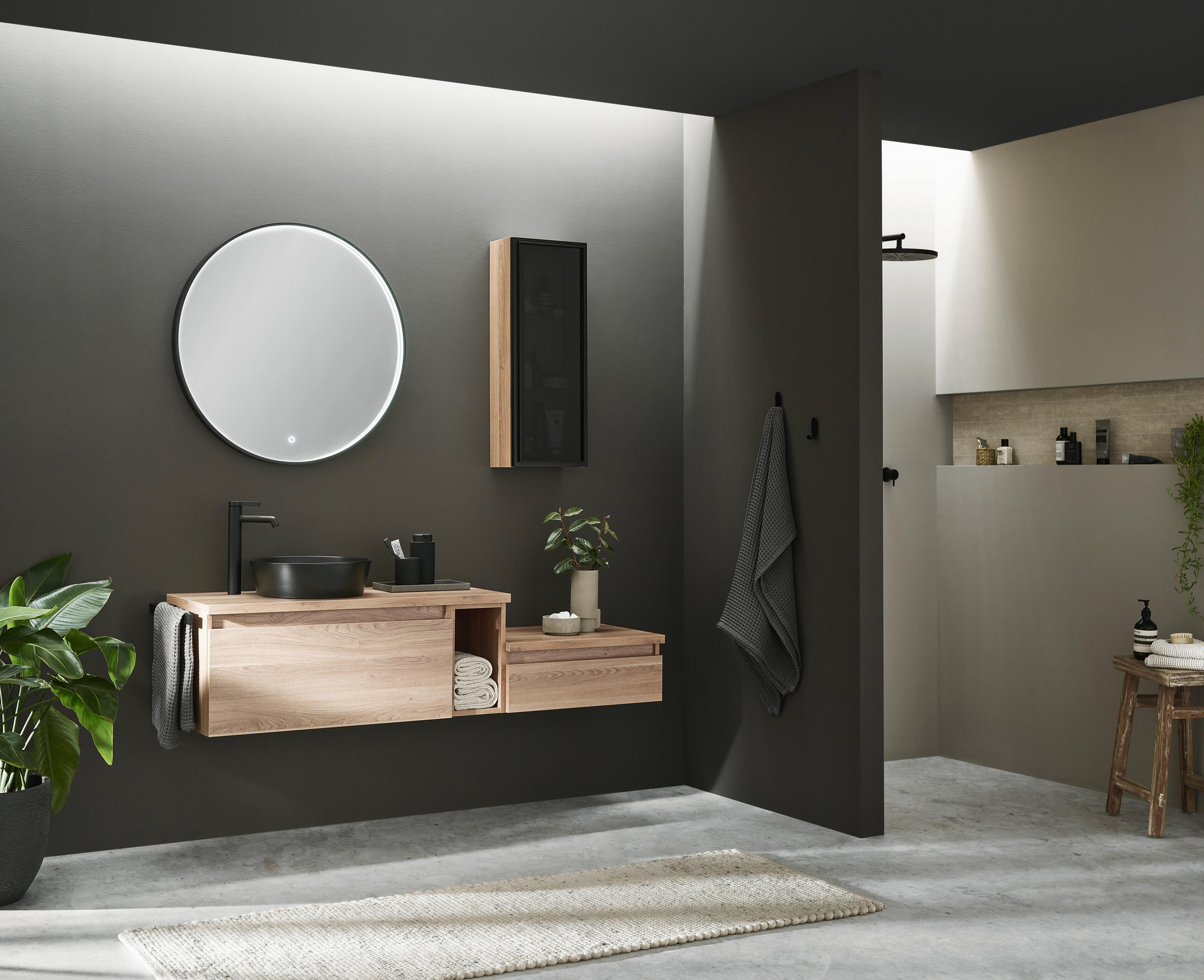 Thumbnail - Novel Waschtischkombi Nv.075, Schwarz, Eiche, Holzwerkstoff, 2 Schubladen, 160 cm, Goldenes M, Made in Germany, DGM-Emis...