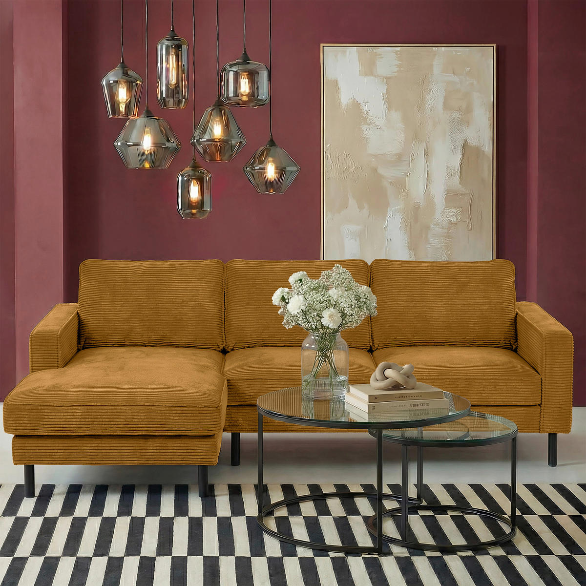 ECKSOFA Cord Senfgelb  - Senfgelb/Schwarz, Design, Textil/Metall (166/238cm) - Livetastic